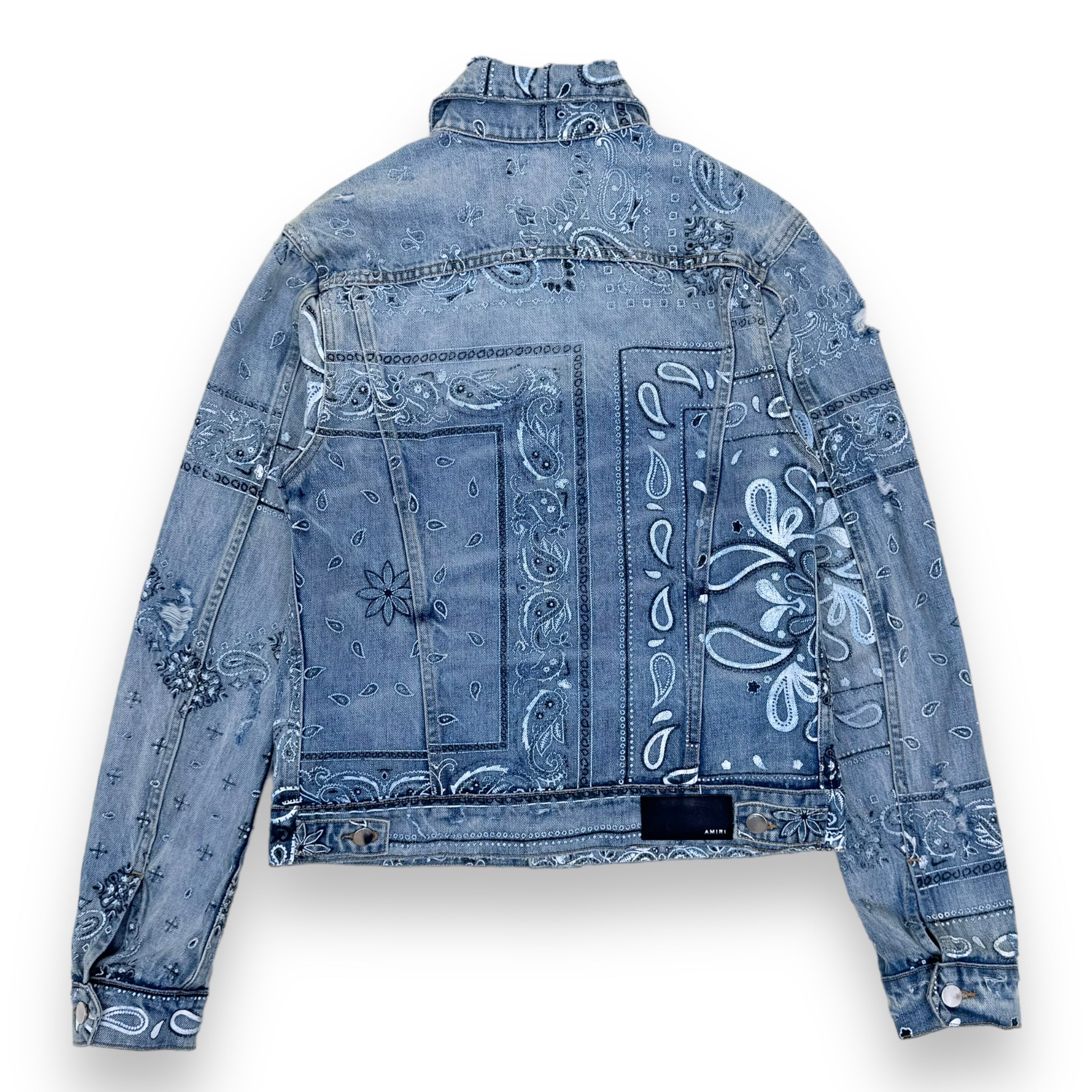 AMIRI SLIM-FIT DISTRESSED BANDANA-PRINT DENIM JACKET BLUE M