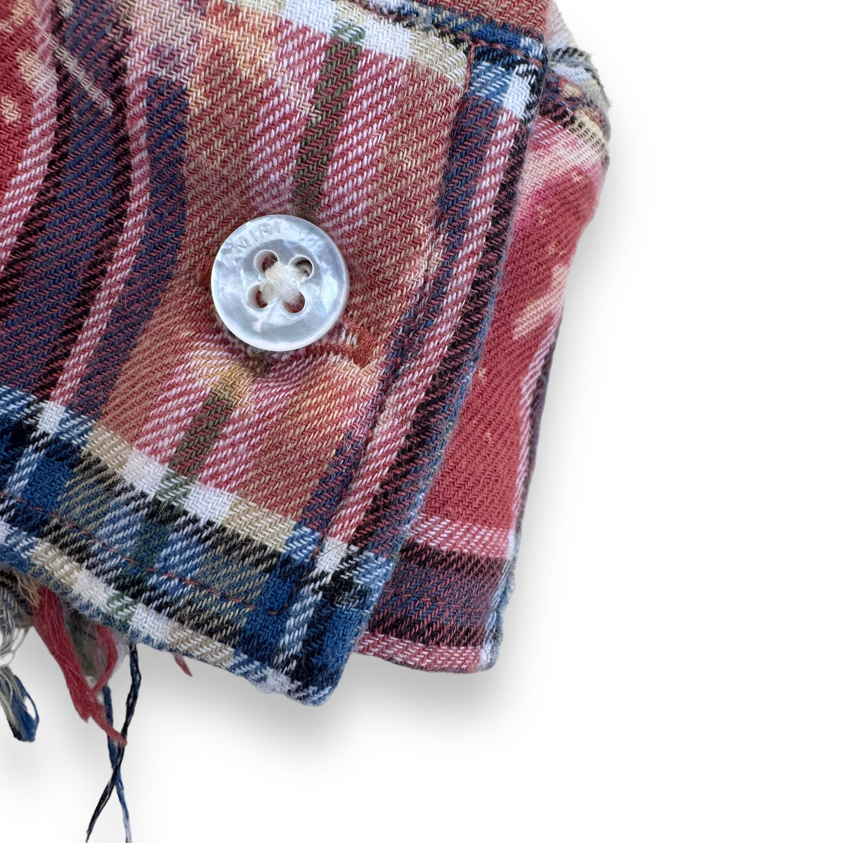 AMIRI LOGO-APPLIQUÉ DISTRESSED CHECKED COTTON / LINEN FLANNEL SHIRT ORANGE XS