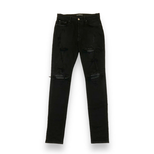 Amiri Leather Patch Distressed Black Denim Jeans 34W