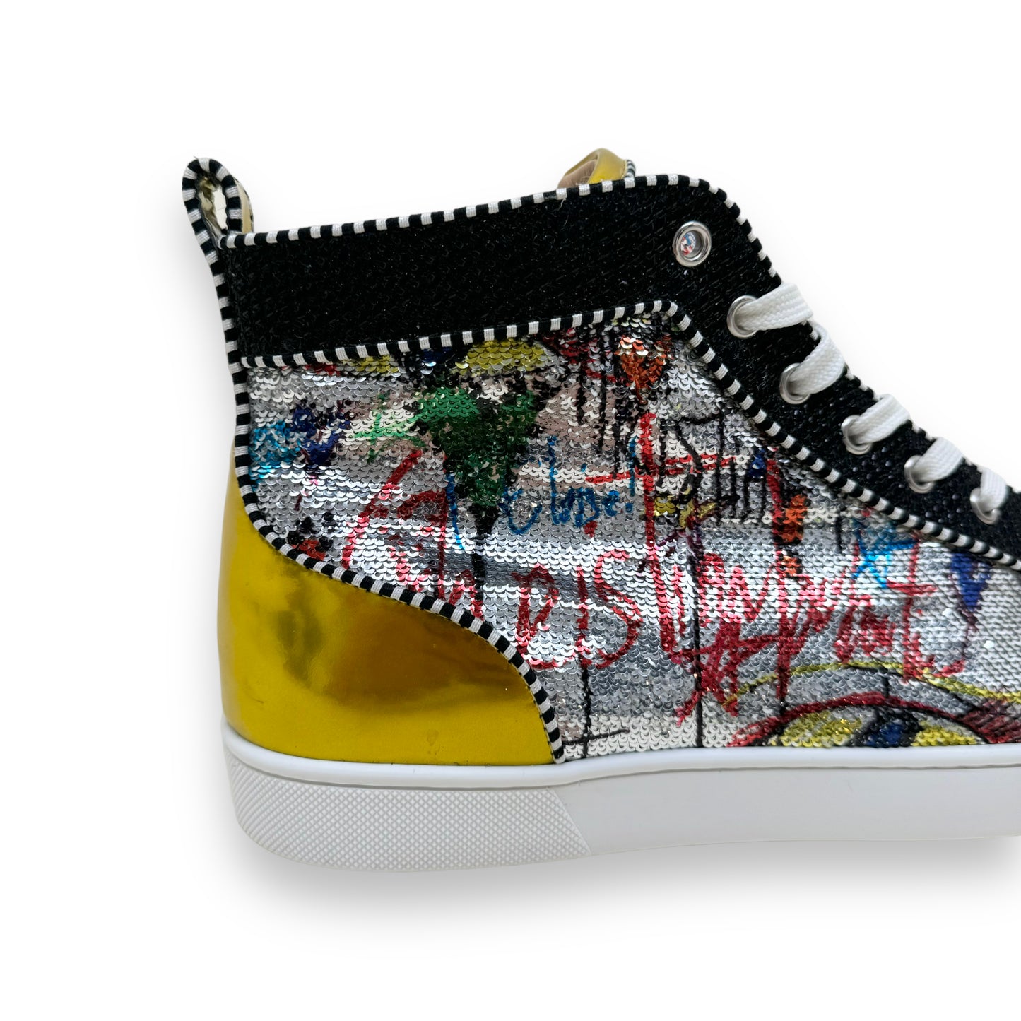 CHRISTIAN LOUBOUTIN GRAFFITI SEQUIN / LEATHER RANTUS ORLATO HIGH TOP SNEAKERS UK9