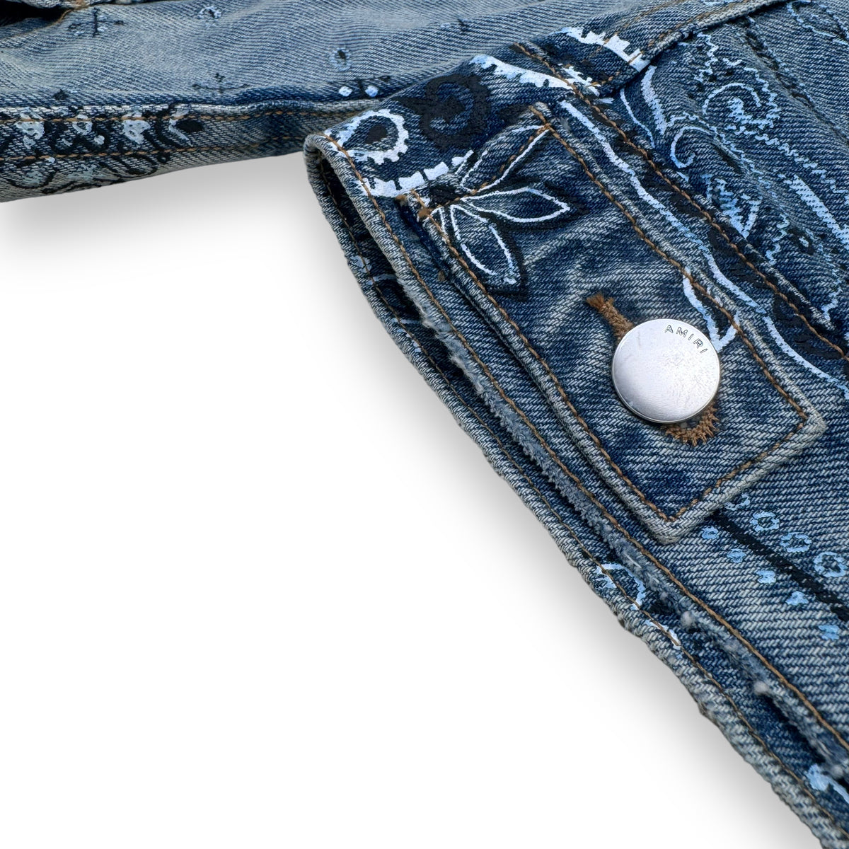 AMIRI SLIM-FIT DISTRESSED BANDANA-PRINT DENIM JACKET BLUE M