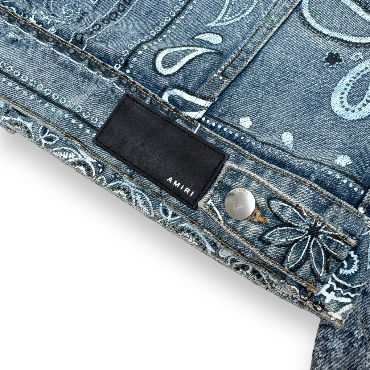 AMIRI SLIM-FIT DISTRESSED BANDANA-PRINT DENIM JACKET BLUE M