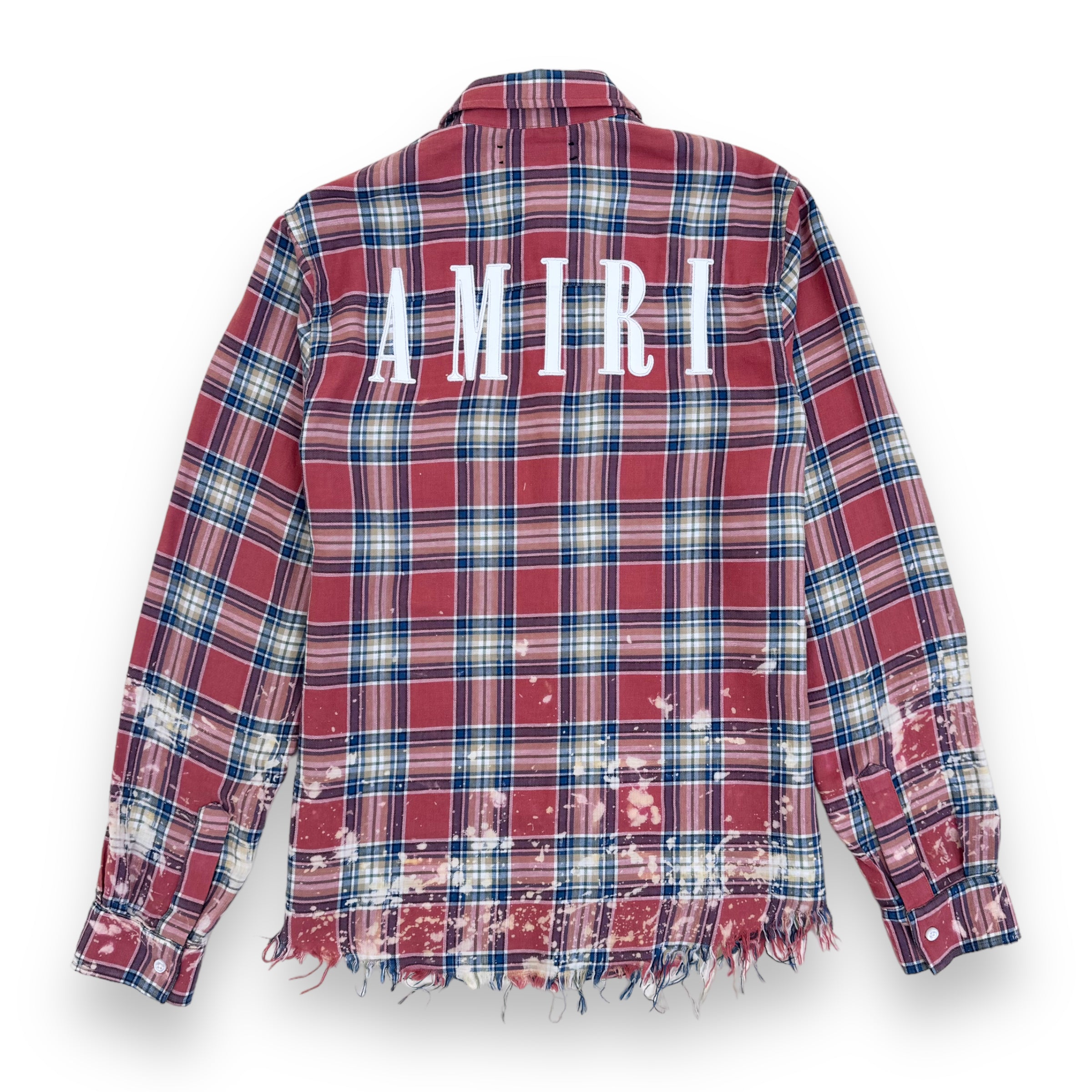 AMIRI LOGO-APPLIQUÉ DISTRESSED CHECKED COTTON / LINEN FLANNEL SHIRT ORANGE XS