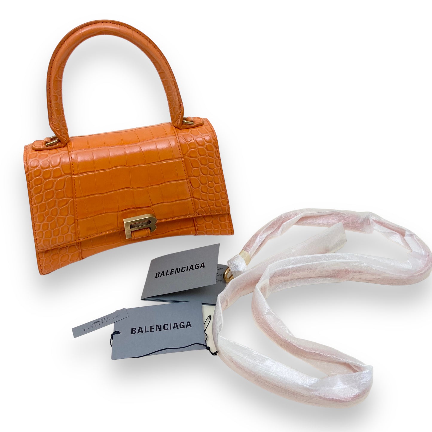 BALENCIAGA HOURGLASS CROCODILE PRINT LEATHER BAG S