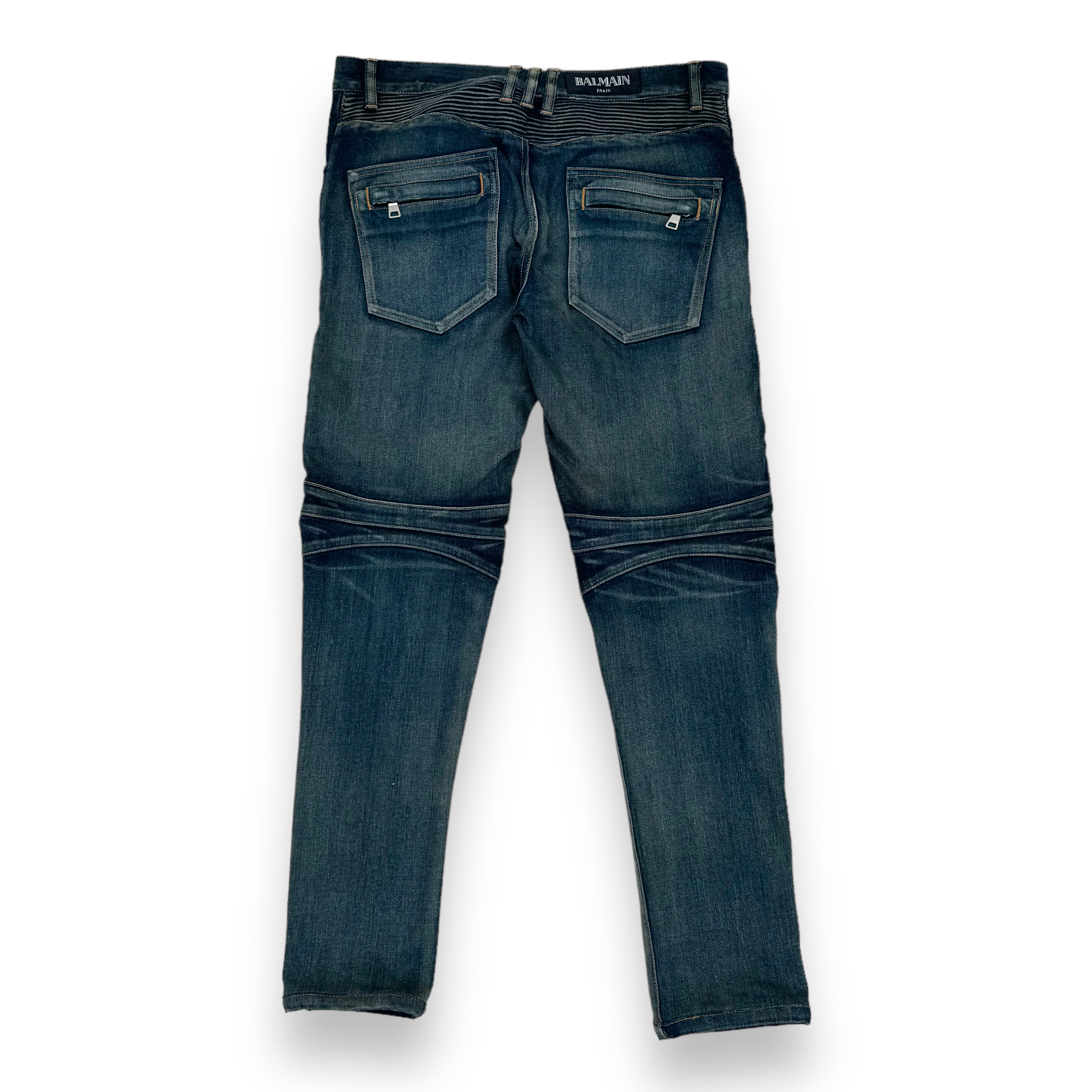BALMAIN PANELLED BIKER JEANS BLUE 34W