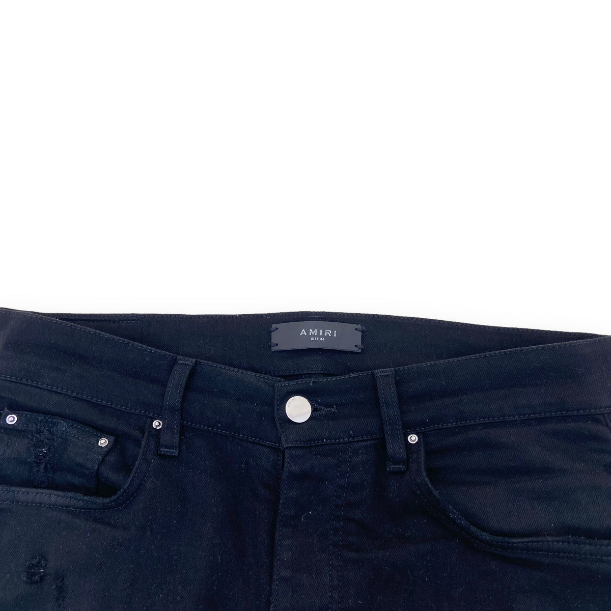 AMIRI LEATHER PATCH DISTRESSED DENIM JEANS BLACK 34W
