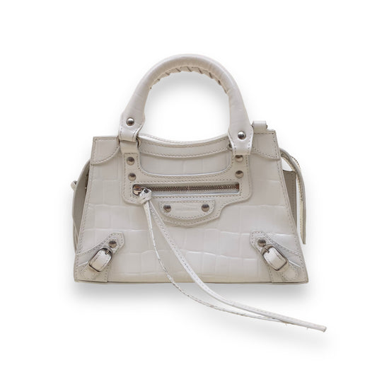 BALENCIAGA NEO CLASSIC CITY CROCODILE PRINT LEATHER BAG WHITE