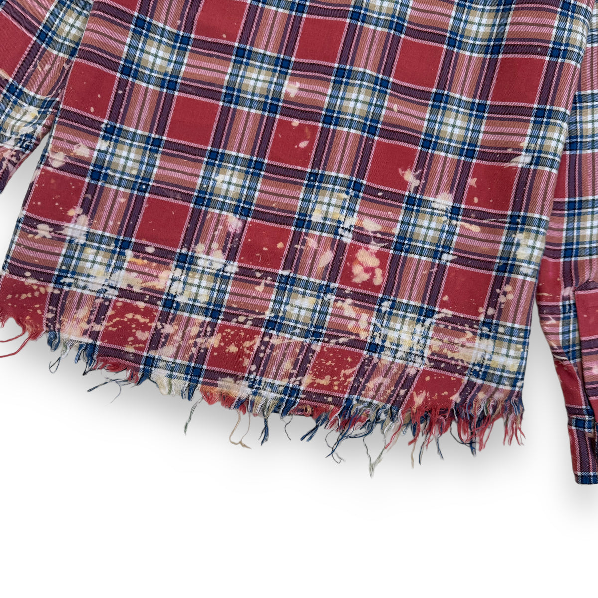 AMIRI LOGO-APPLIQUÉ DISTRESSED CHECKED COTTON / LINEN FLANNEL SHIRT ORANGE XS