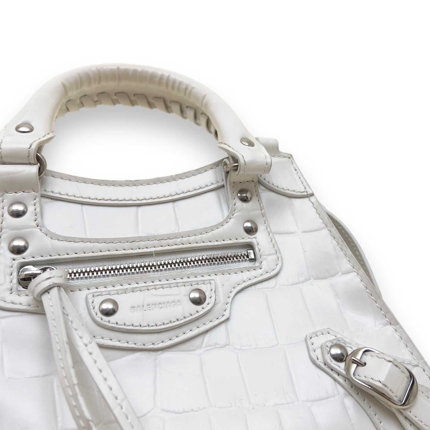 BALENCIAGA NEO CLASSIC CITY CROCODILE PRINT LEATHER BAG WHITE