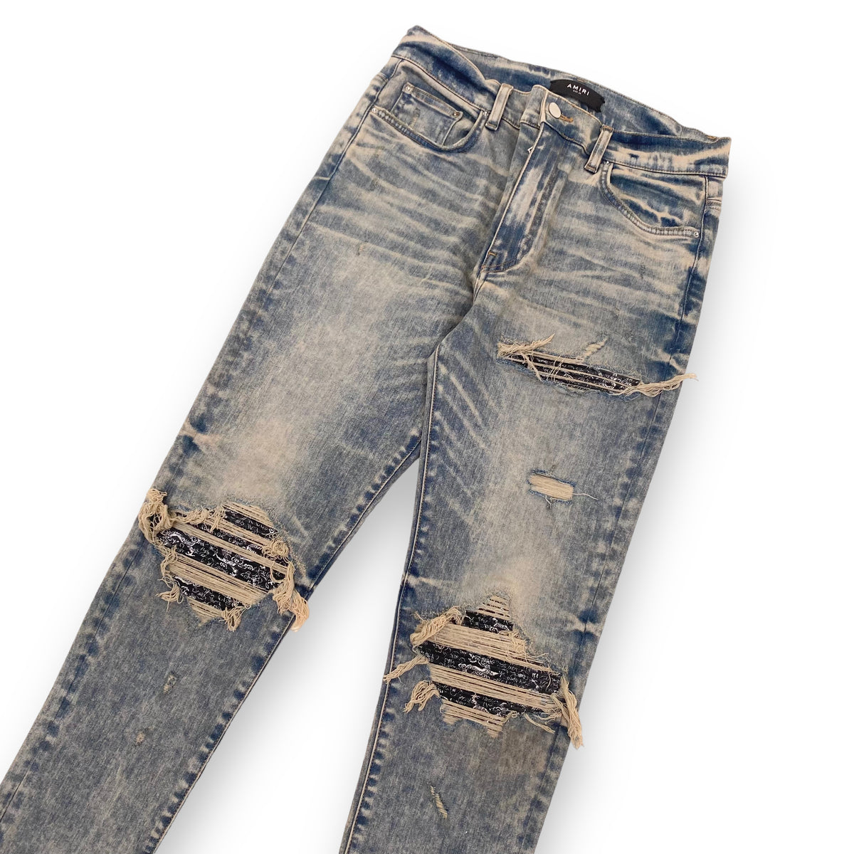 AMIRI MX1 SKINNY-FIT BANDANA DISTRESSED DENIM JEANS BLUE 33W