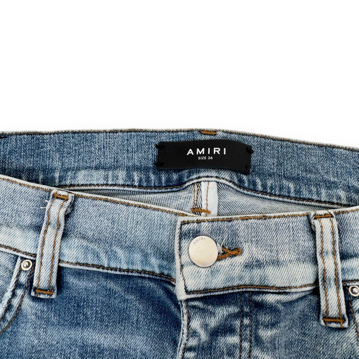 AMIRI DISTRESSED LEATHER PATCH WASHED DENIM JEANS BLUE 36W