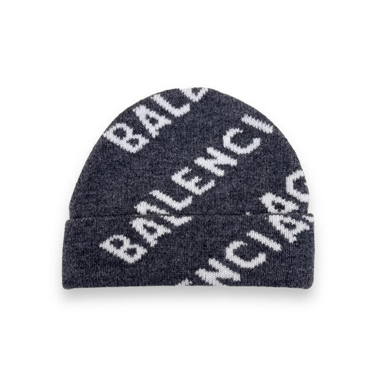 BALENCIAGA VIRGIN WOOL LOGO BEANIE GREY