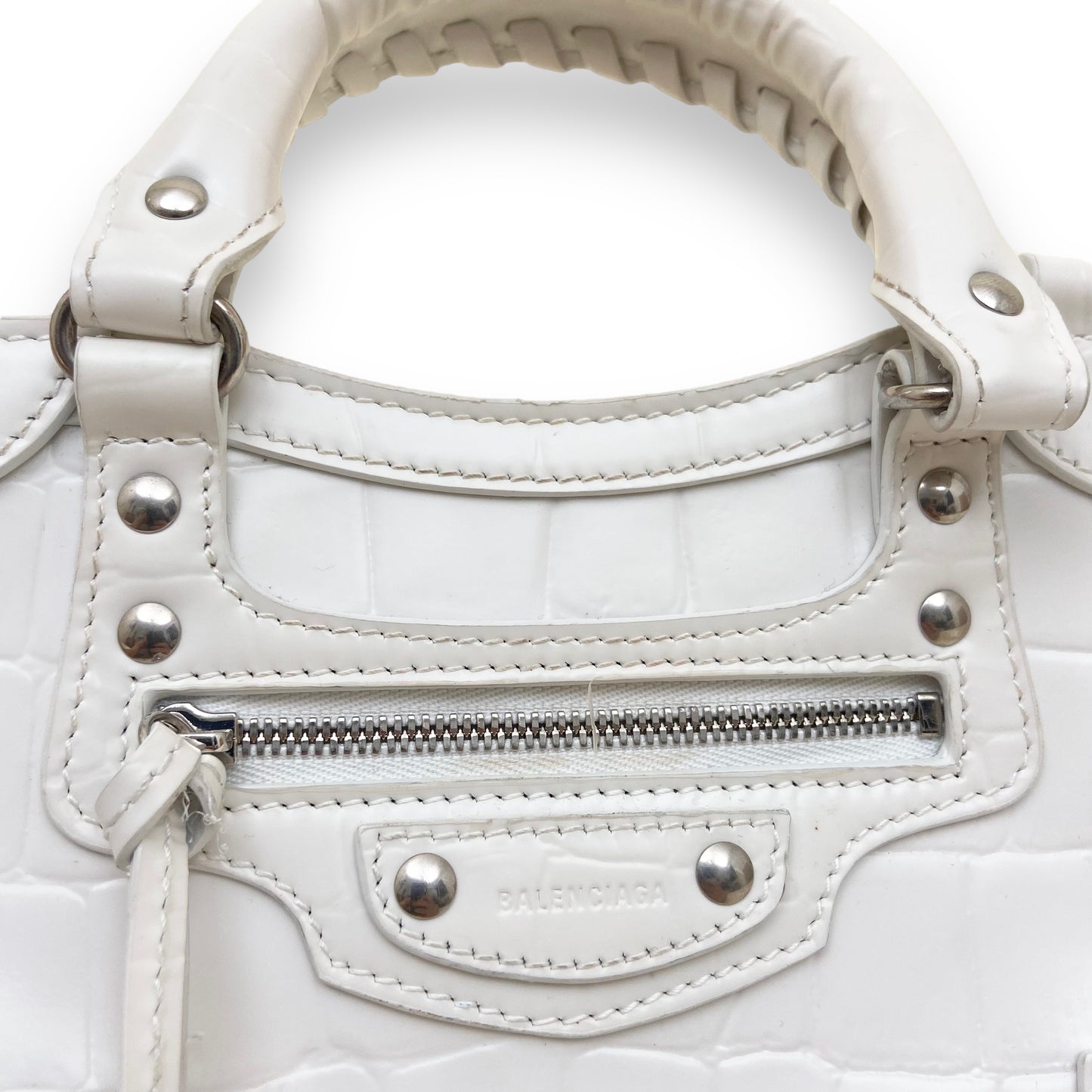 BALENCIAGA NEO CLASSIC CITY CROCODILE PRINT LEATHER BAG WHITE