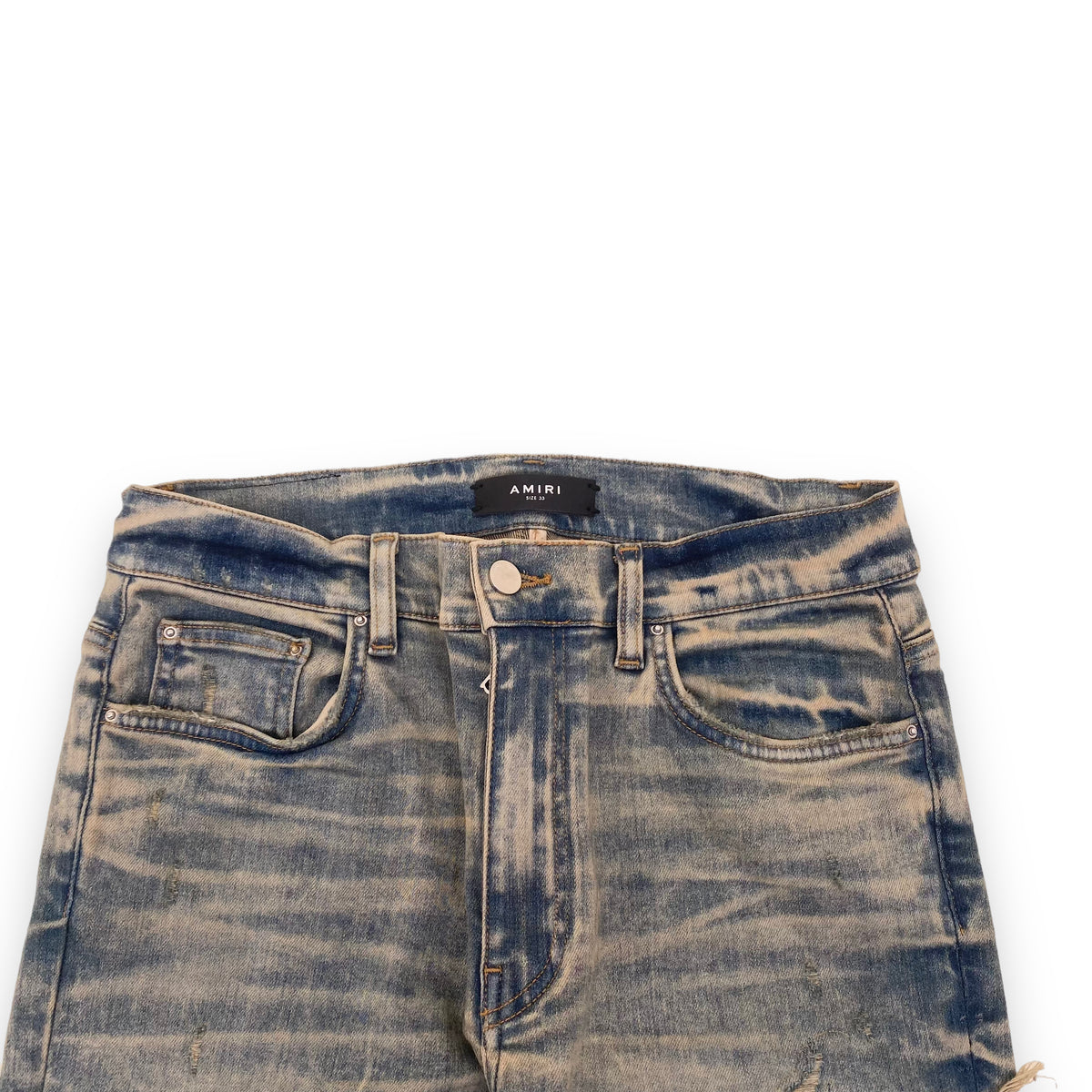 AMIRI MX1 SKINNY-FIT BANDANA DISTRESSED DENIM JEANS BLUE 33W