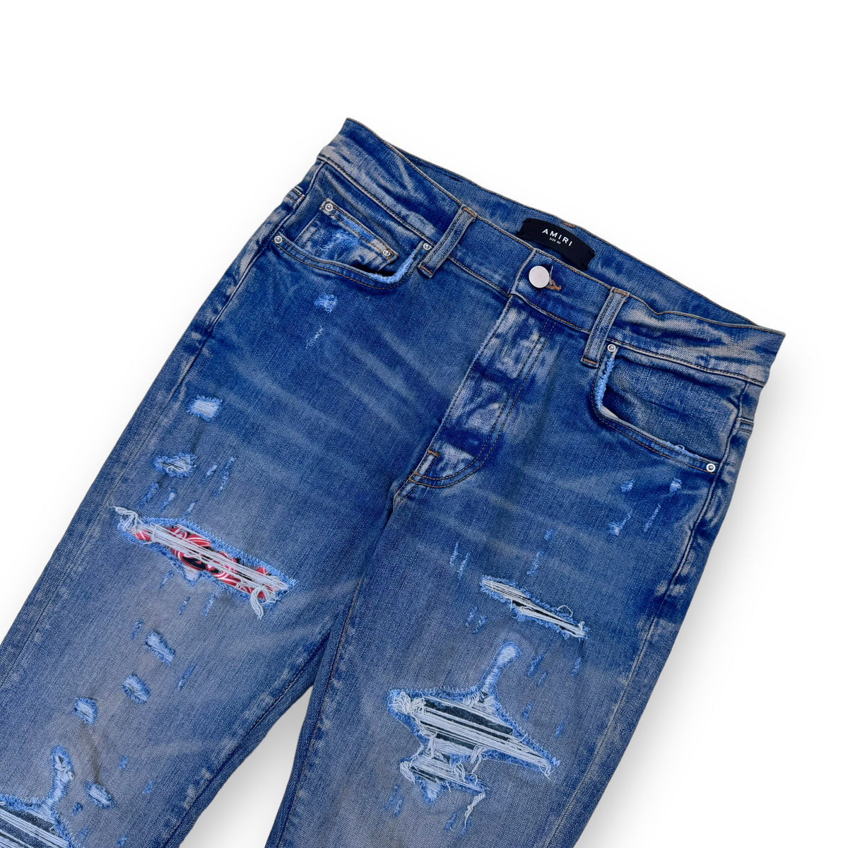 AMIRI BANDANA FLAME DISTRESSED DENIM JEANS BLUE 30W
