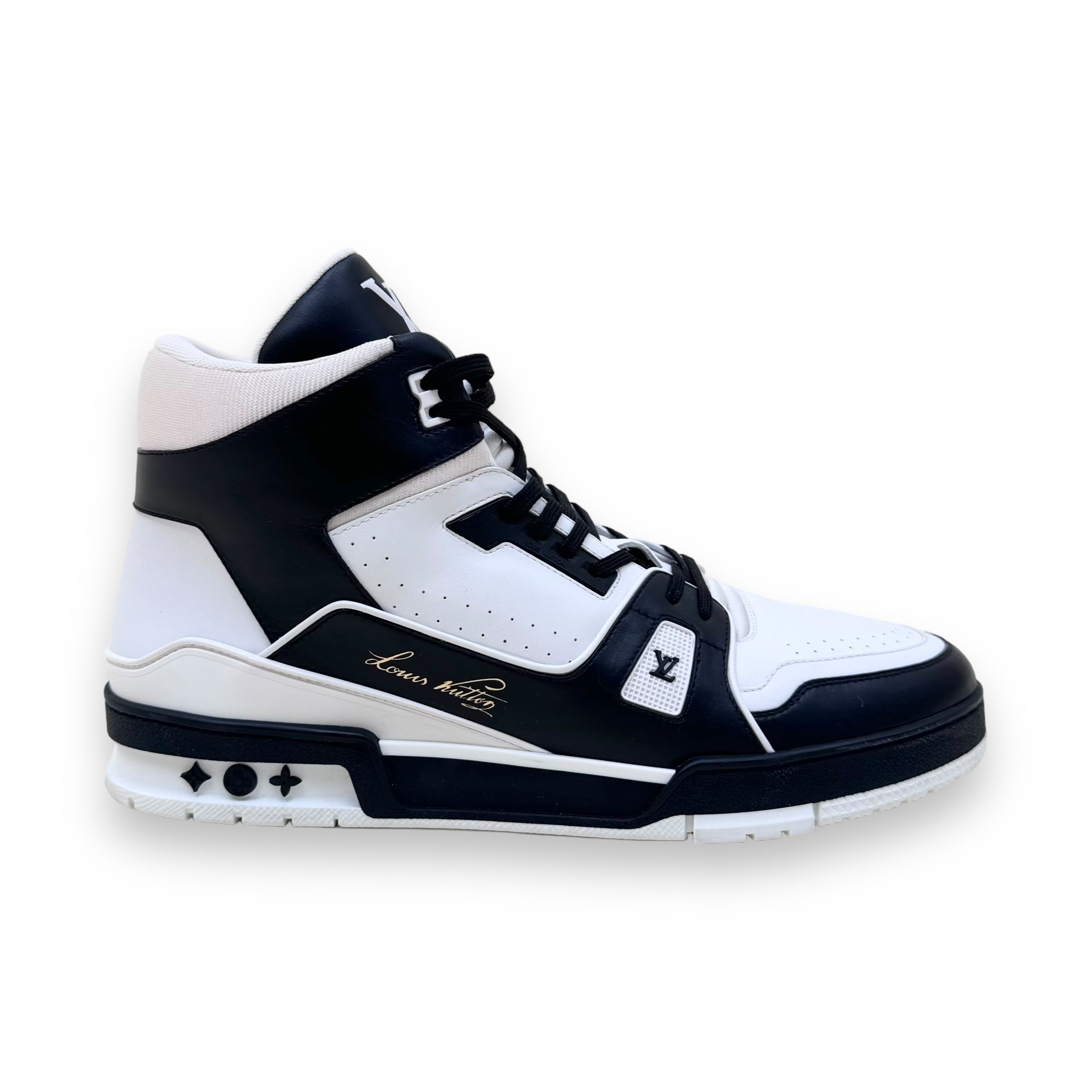 LOUIS VUITTON HIGH-TOP LEATHER SIGNATURE SNEAKER BLACK / WHITE UK11