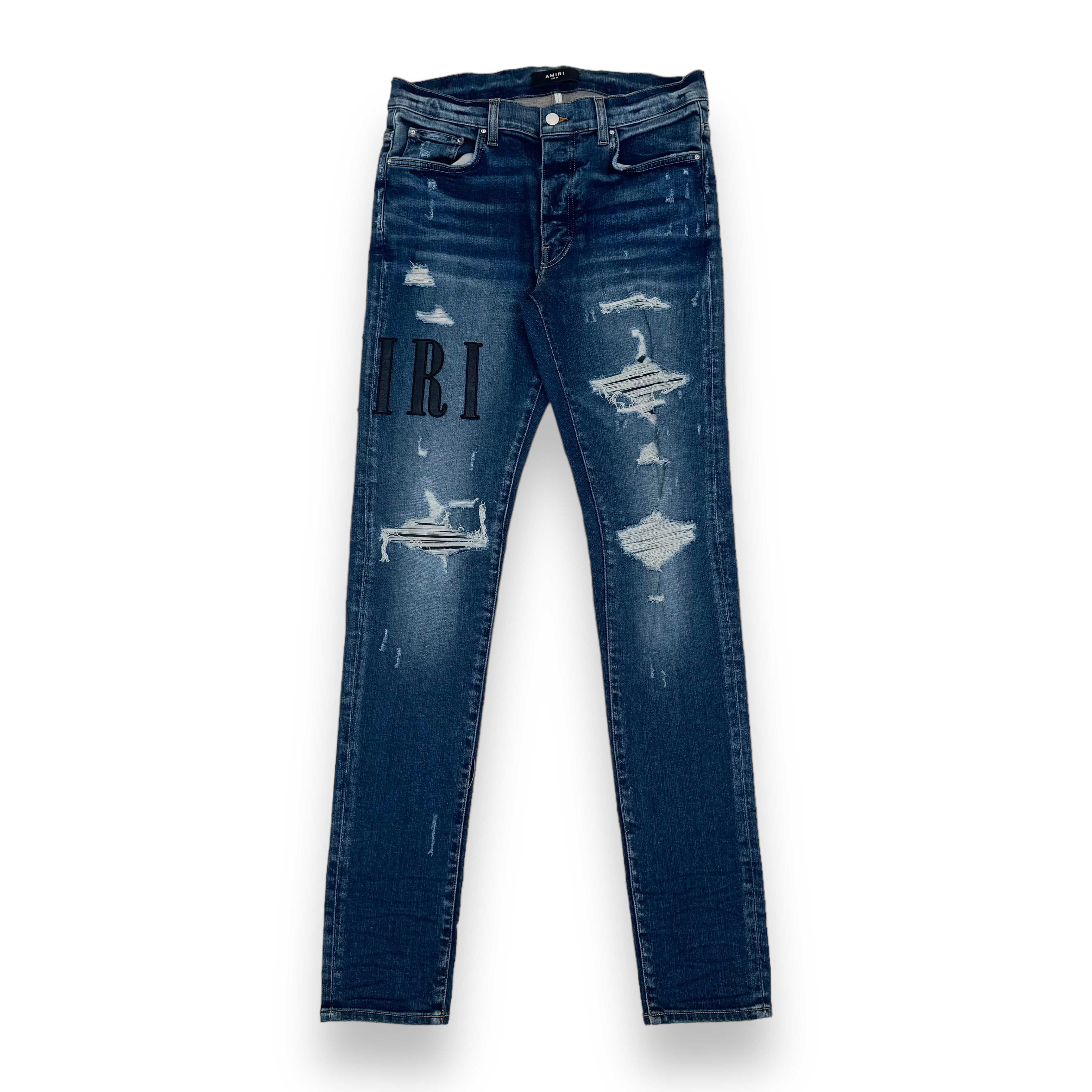 AMIRI LEATHER CORE LOGO DENIM JEANS BLUE 34W