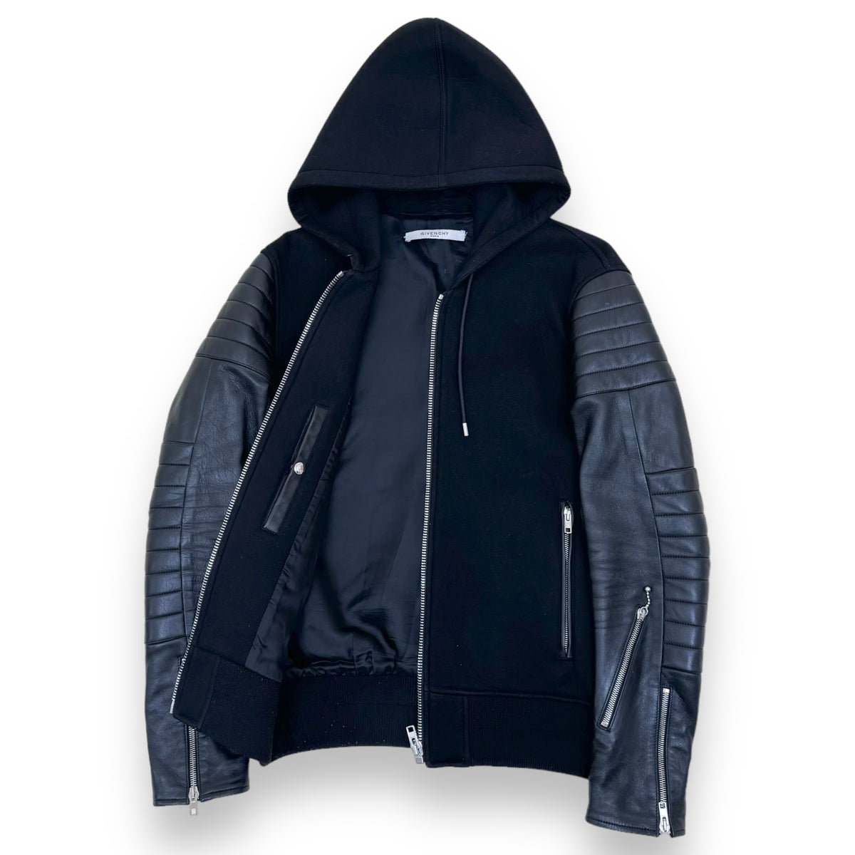 GIVENCHY HOODED NEOPRENE / LEATHER HOODED BOMBER JACKET BLACK S
