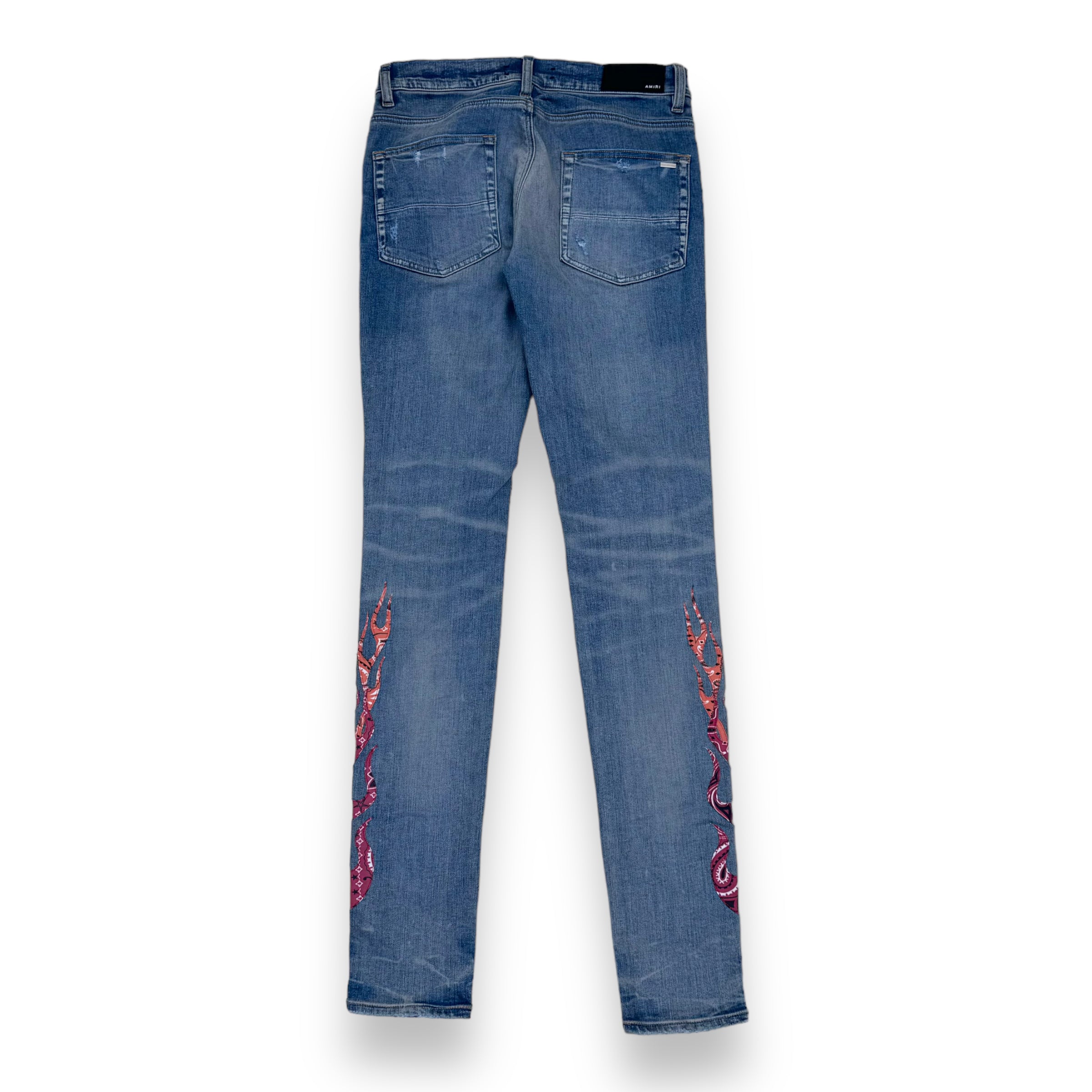 AMIRI BANDANA FLAME DISTRESSED DENIM JEANS BLUE 30W