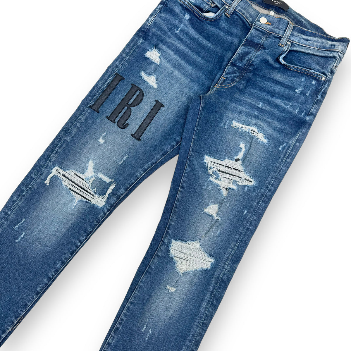 AMIRI LEATHER CORE LOGO DENIM JEANS BLUE 34W
