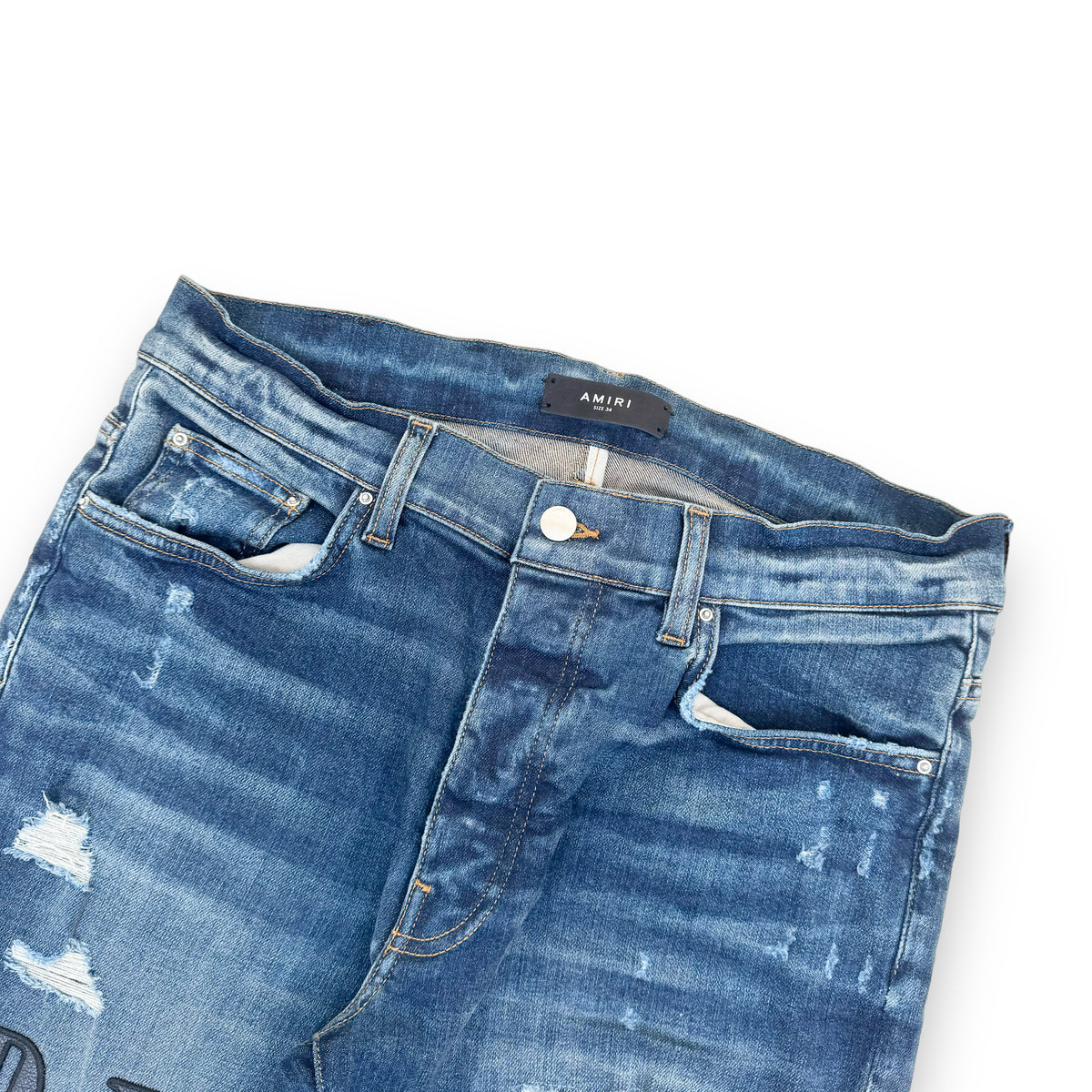 AMIRI LEATHER CORE LOGO DENIM JEANS BLUE 34W
