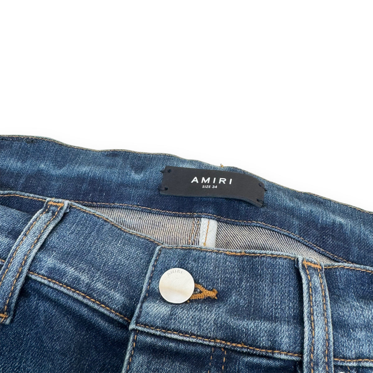 AMIRI LEATHER CORE LOGO DENIM JEANS BLUE 34W