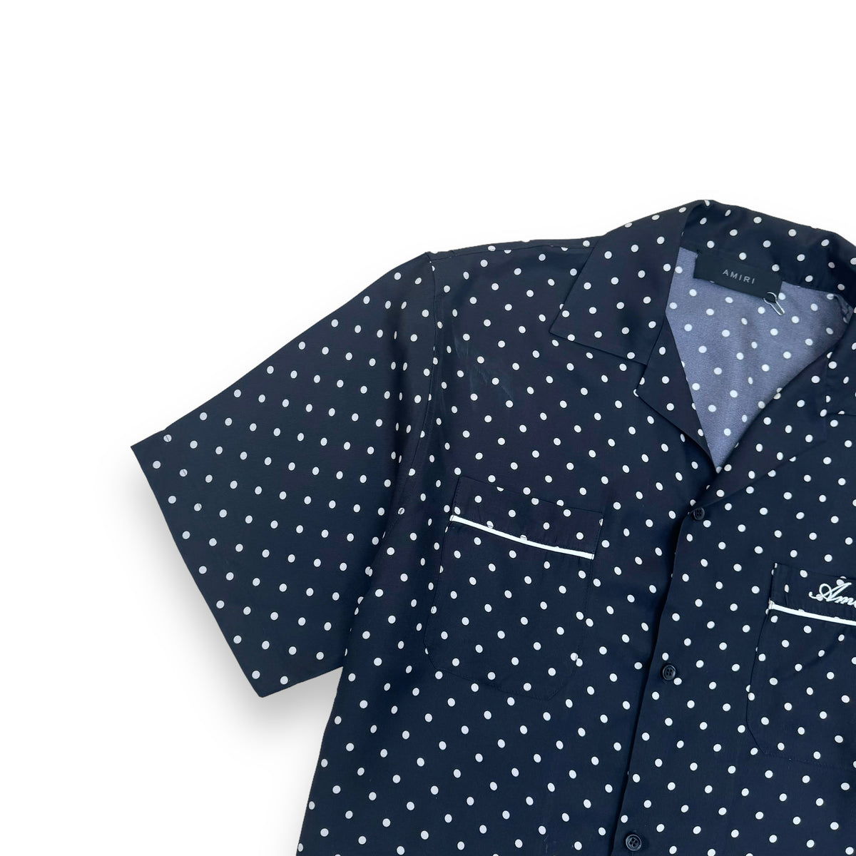 AMIRI SILK TWILL SHORT SLEEVE POLKADOT SHIRT BLACK M