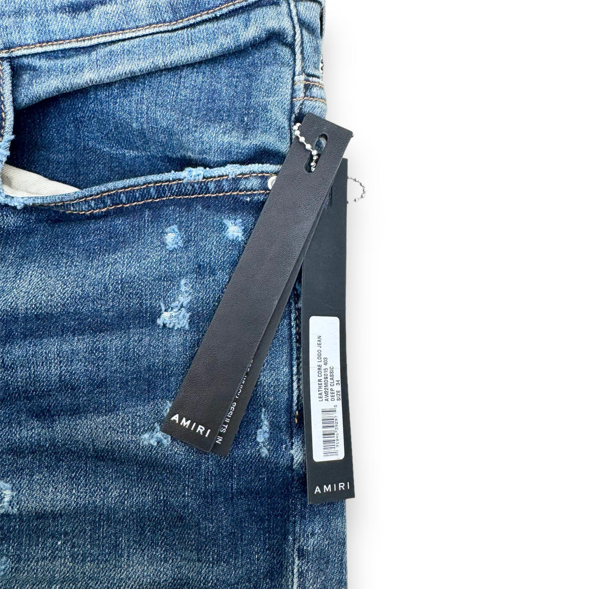 AMIRI LEATHER CORE LOGO DENIM JEANS BLUE 34W