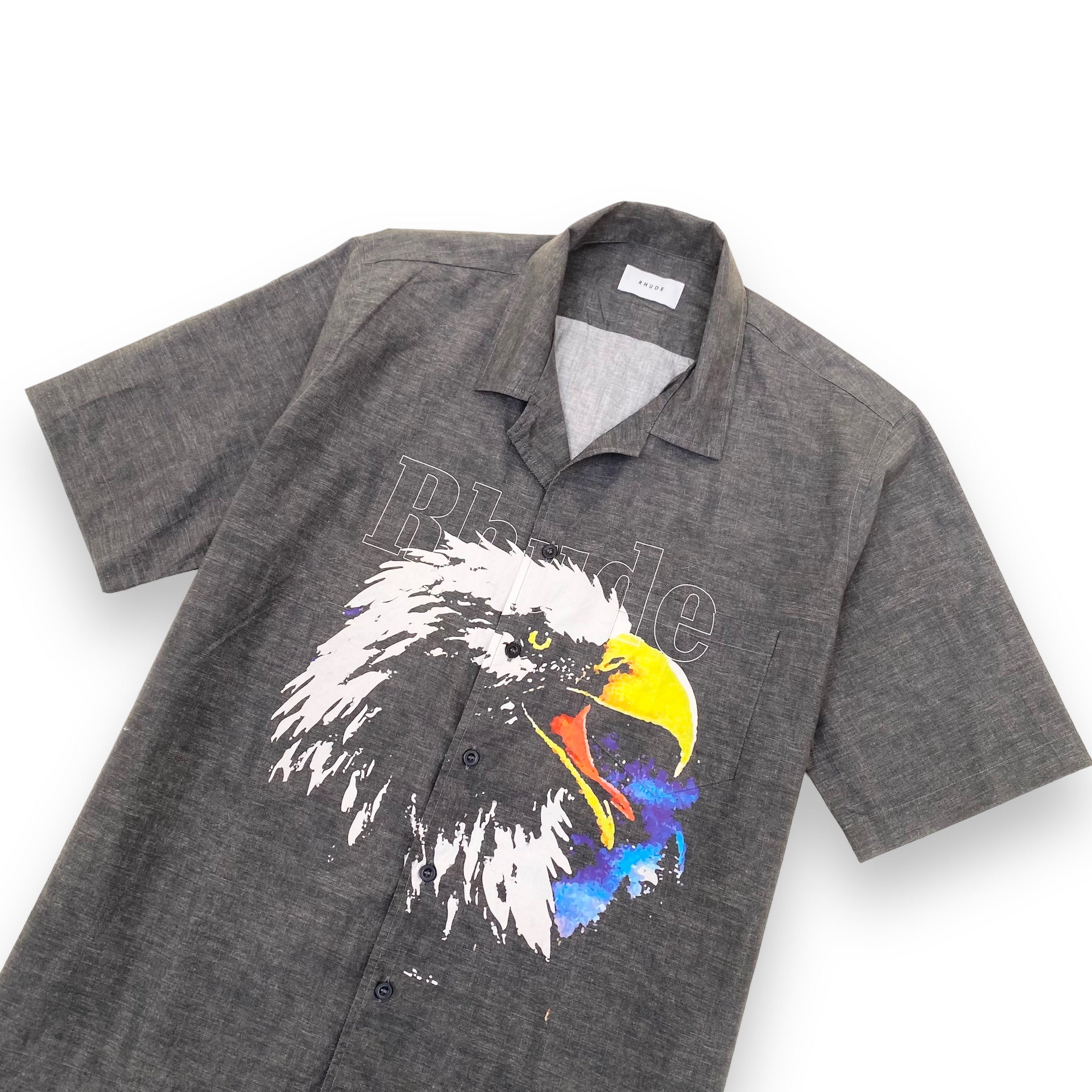 RHUDE EAGLE-PRINT BOWLING SHIRT GREY M