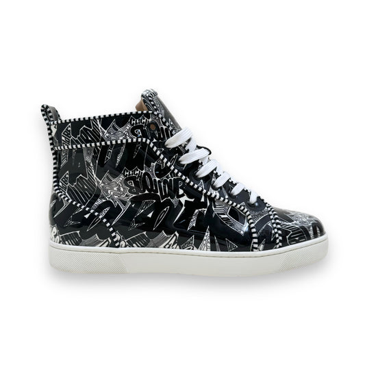 CHRISTIAN LOUBOUTIN PATENT LEATHER COMIC FONT HIGH-TOP SNEAKERS UK9