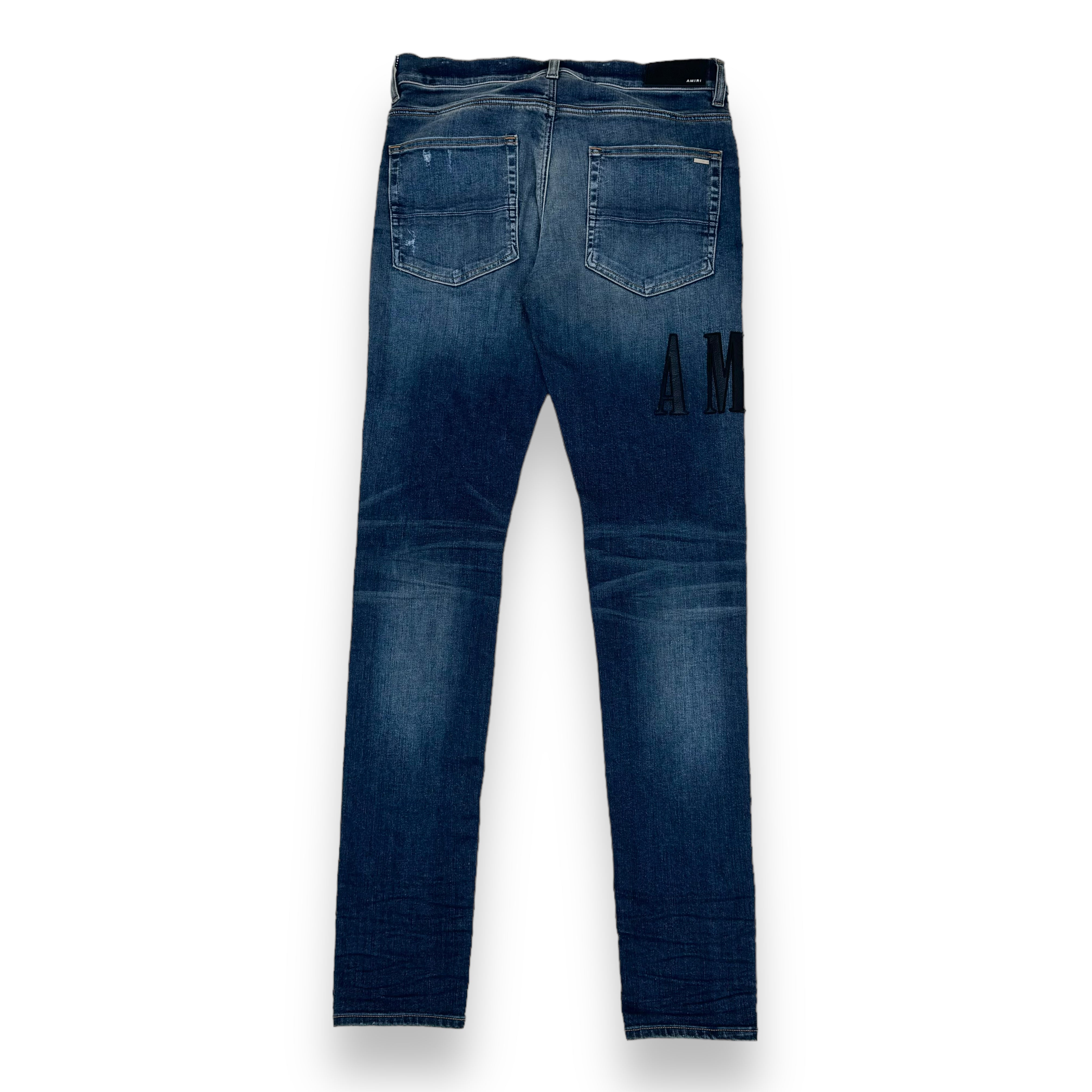AMIRI LEATHER CORE LOGO DENIM JEANS BLUE 34W