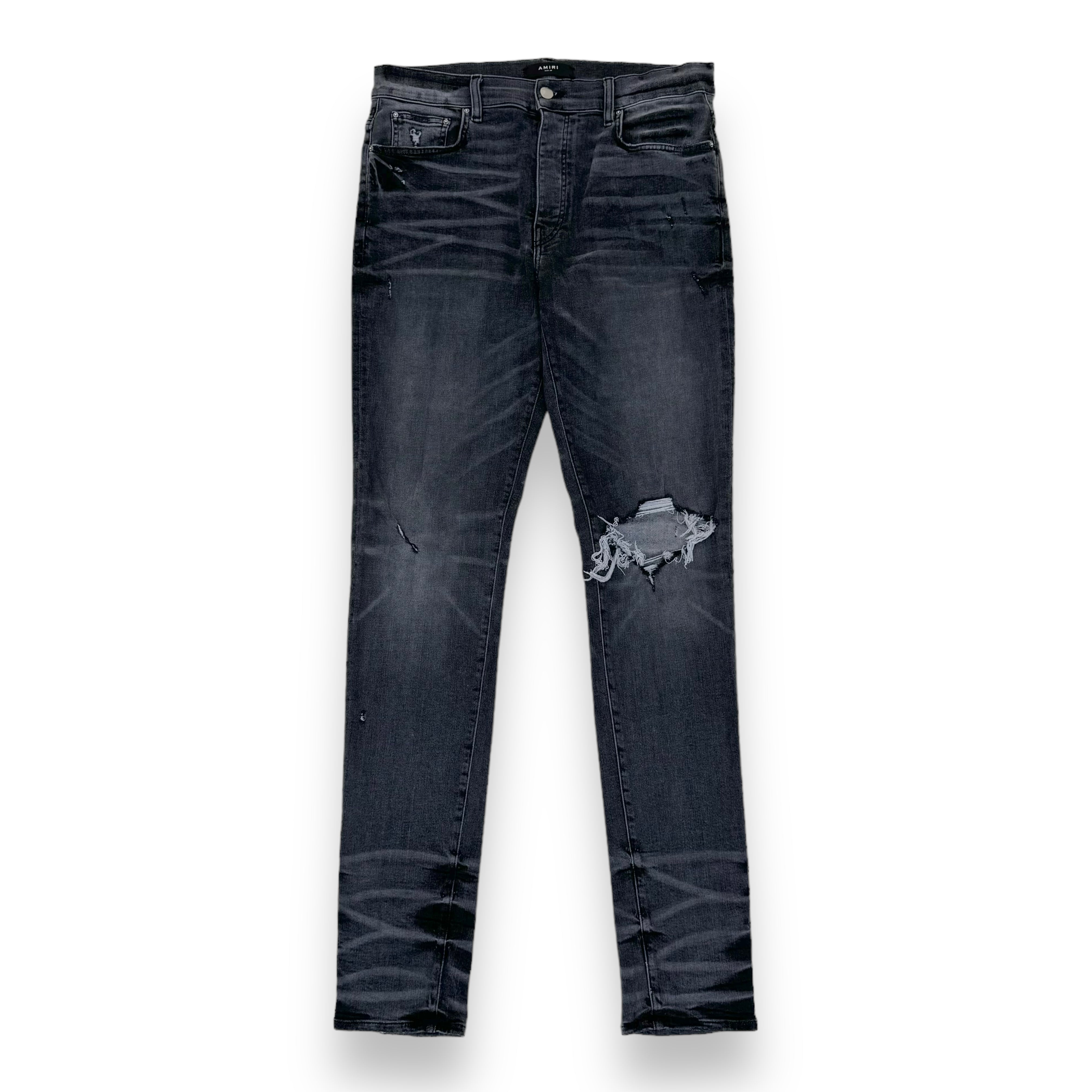 AMIRI DISTRESSED STRETCH-DENIM WASHED JEANS GREY 34W
