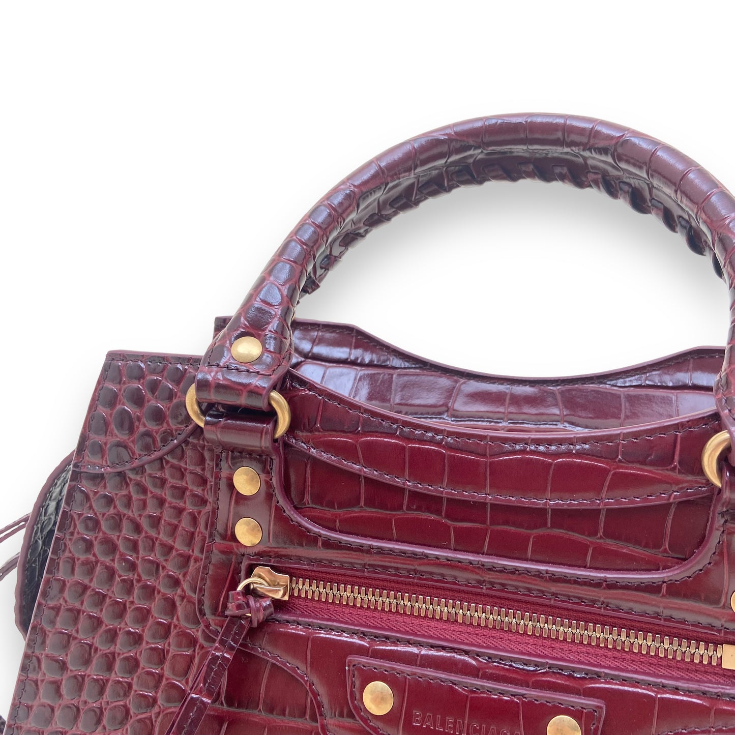 BALENCIAGA CLASSIC CITY CROC EMBOSSED LEATHER BAG BURGUNDY LARGE