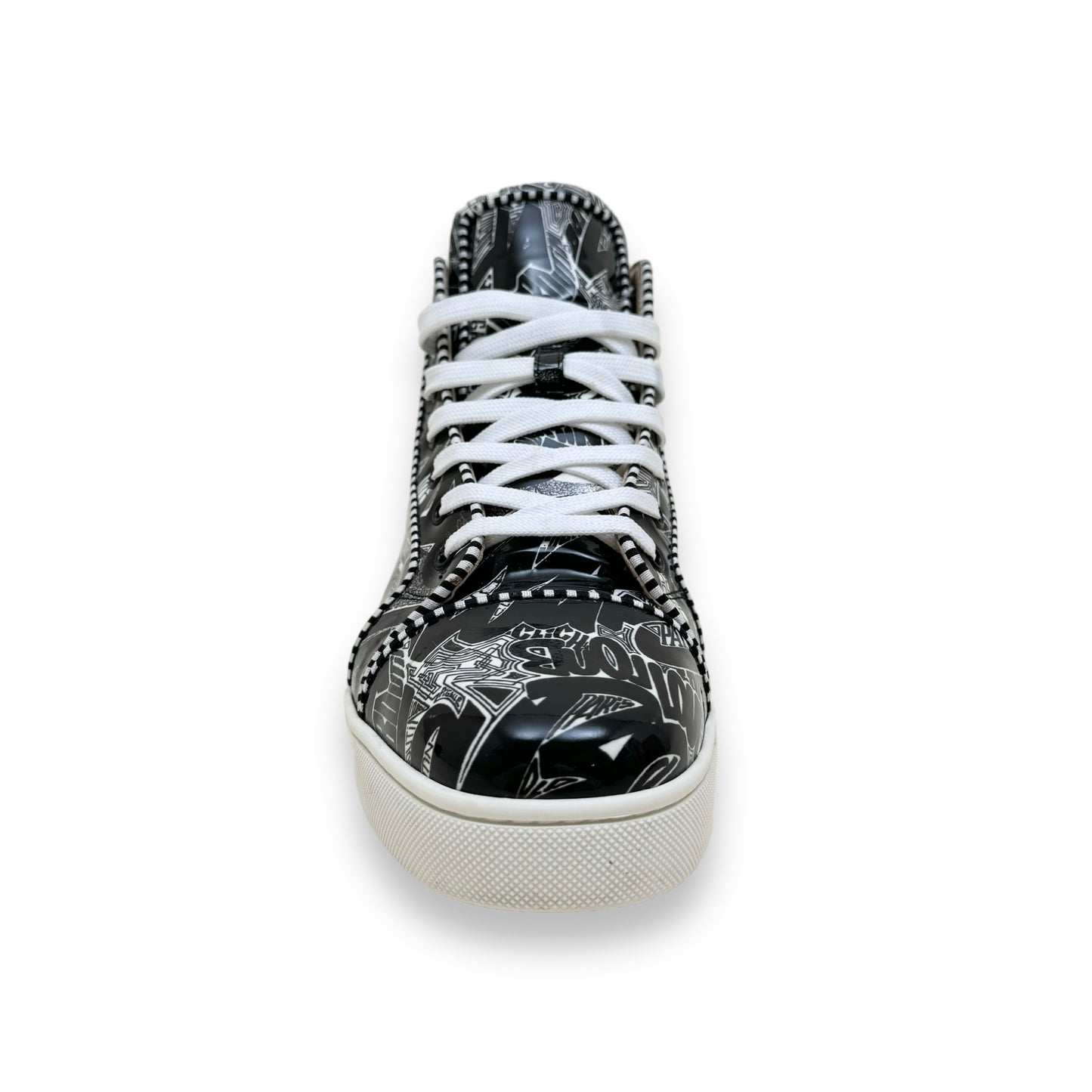 CHRISTIAN LOUBOUTIN PATENT LEATHER COMIC FONT HIGH-TOP SNEAKERS UK9