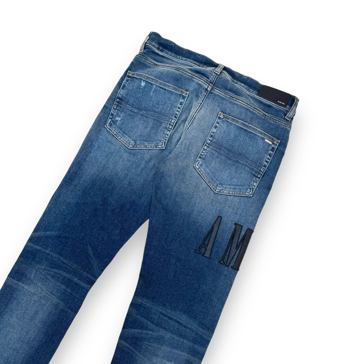 AMIRI LEATHER CORE LOGO DENIM JEANS BLUE 34W