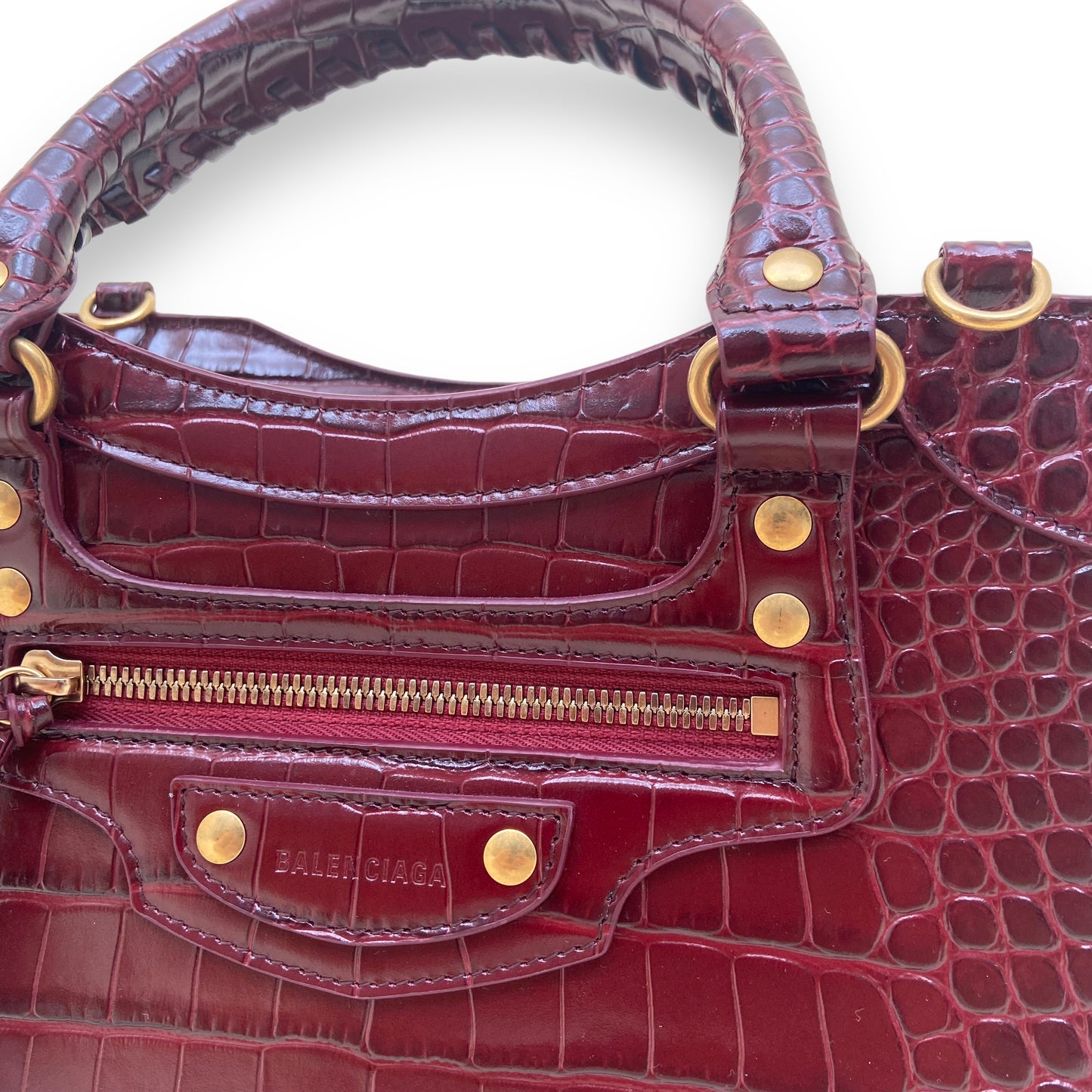 BALENCIAGA CLASSIC CITY CROC EMBOSSED LEATHER BAG BURGUNDY LARGE