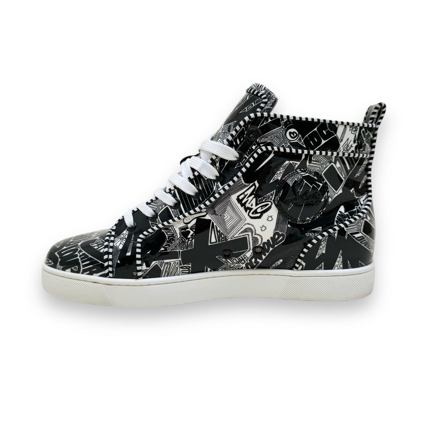 CHRISTIAN LOUBOUTIN PATENT LEATHER COMIC FONT HIGH-TOP SNEAKERS UK9