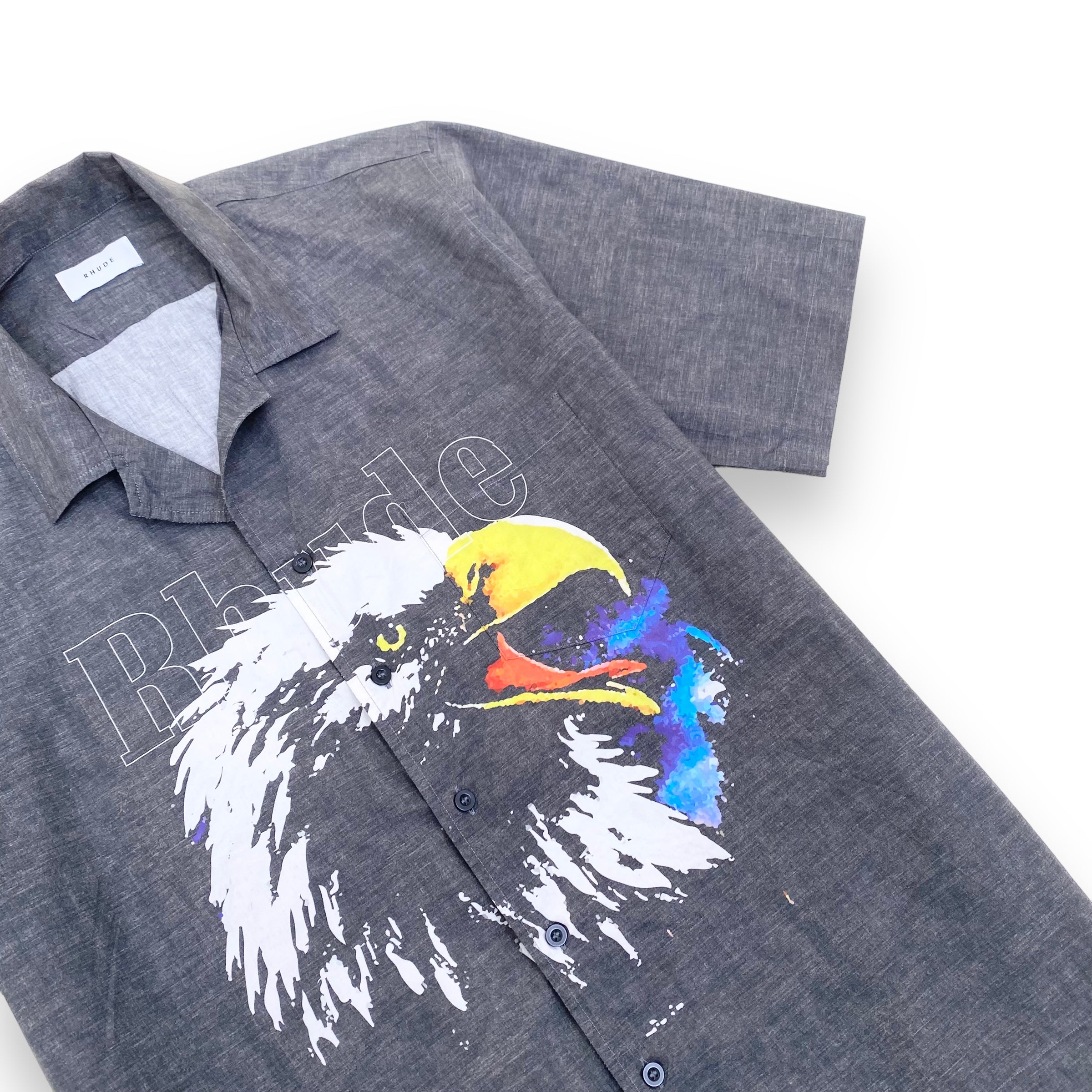 RHUDE EAGLE-PRINT BOWLING SHIRT GREY M