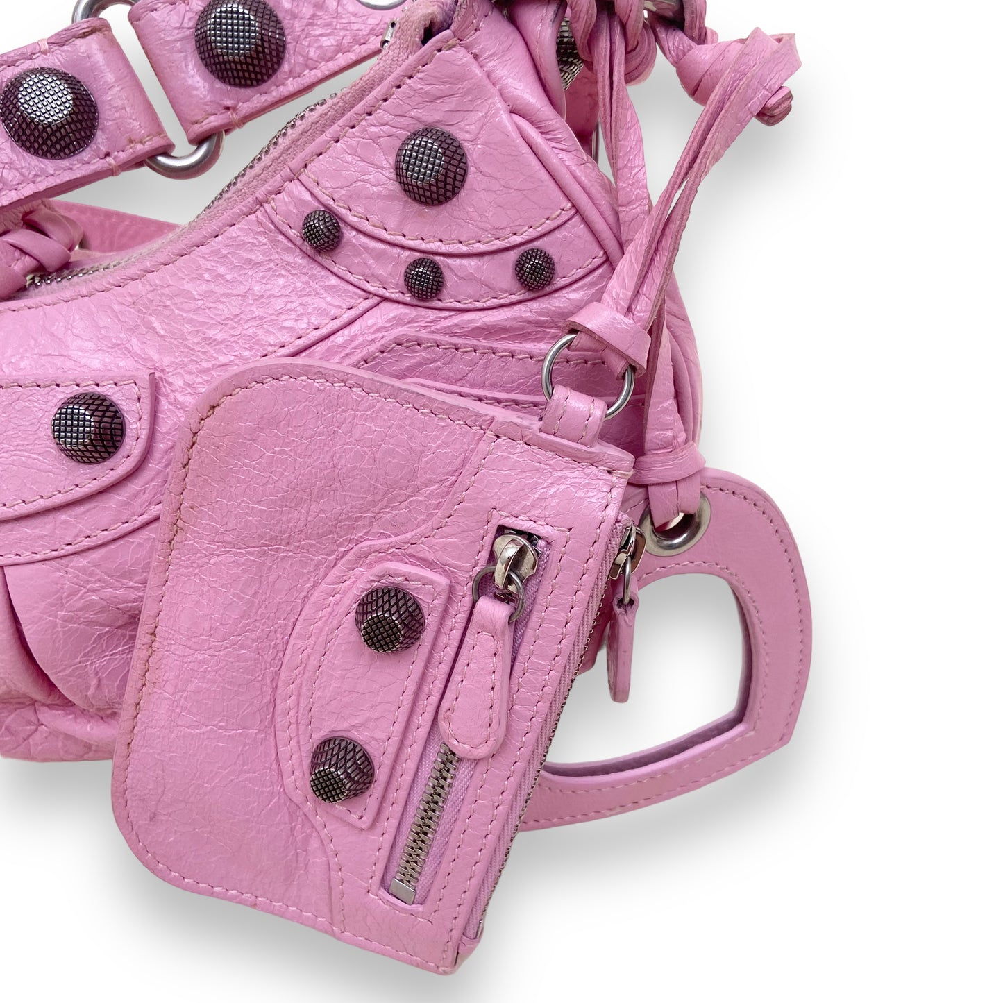 BALENCIAGA LE CAGOLE BRAIDED HANDLE LEATHER SHOULDER BAG PINK XS