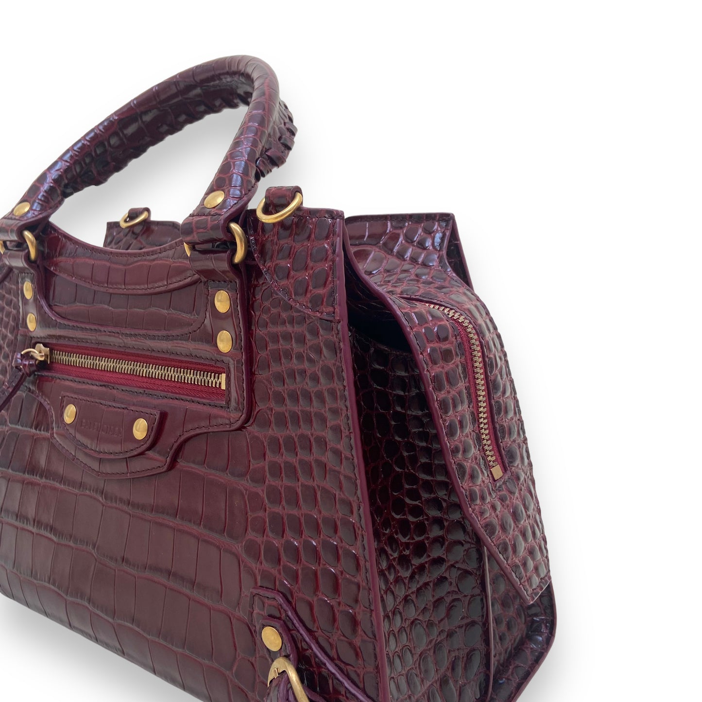 BALENCIAGA CLASSIC CITY CROC EMBOSSED LEATHER BAG BURGUNDY LARGE