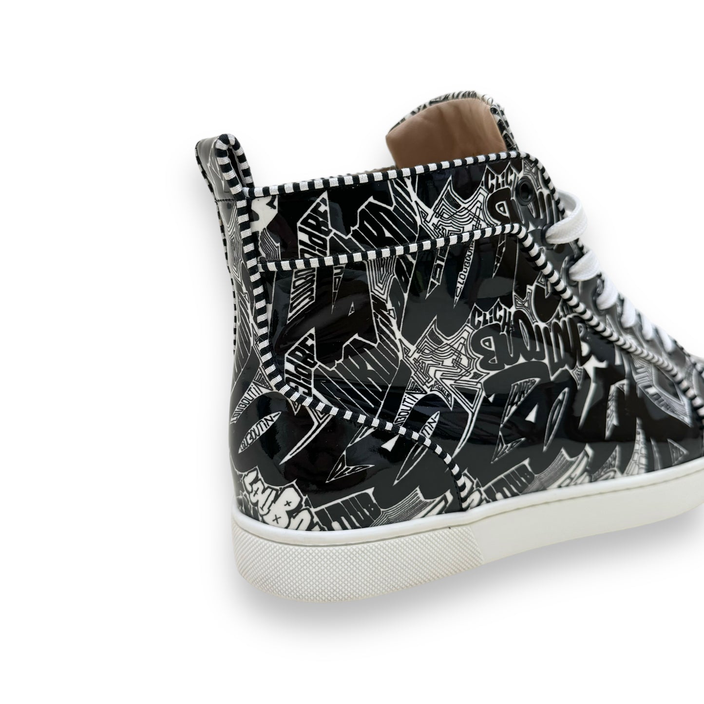 CHRISTIAN LOUBOUTIN PATENT LEATHER COMIC FONT HIGH-TOP SNEAKERS UK9