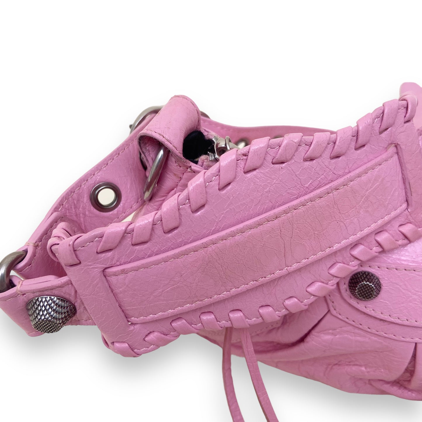 BALENCIAGA LE CAGOLE BRAIDED HANDLE LEATHER SHOULDER BAG PINK XS