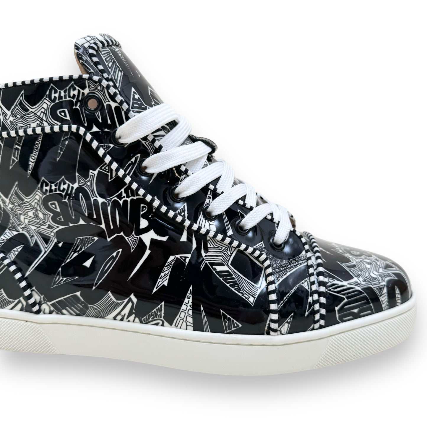 CHRISTIAN LOUBOUTIN PATENT LEATHER COMIC FONT HIGH-TOP SNEAKERS UK9