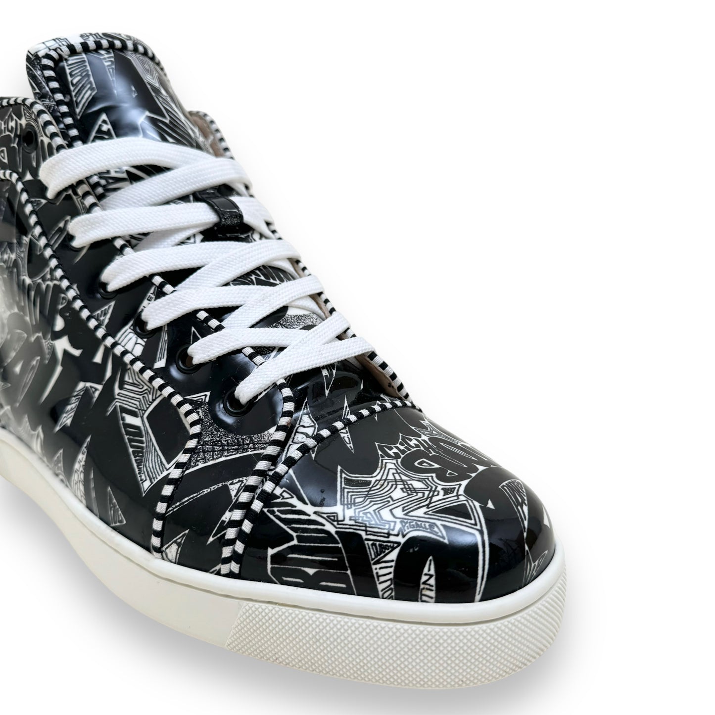 CHRISTIAN LOUBOUTIN PATENT LEATHER COMIC FONT HIGH-TOP SNEAKERS UK9