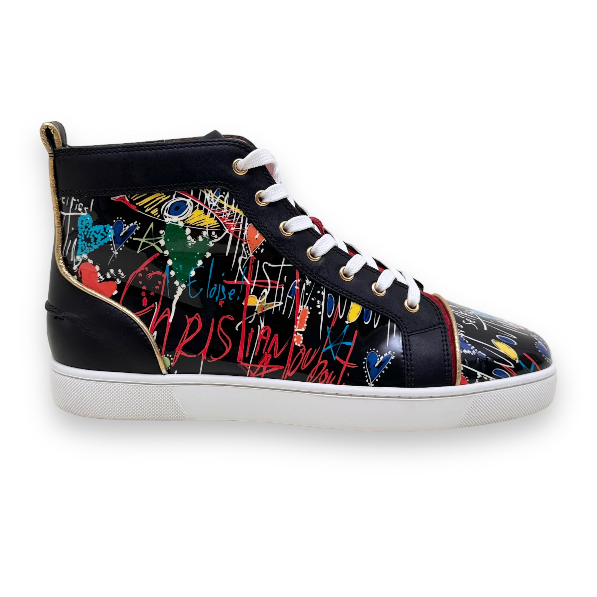 CHRISTIAN LOUBOUTIN PATENT LEATHER GRAFFITI HIGH TOP SNEAKER UK11
