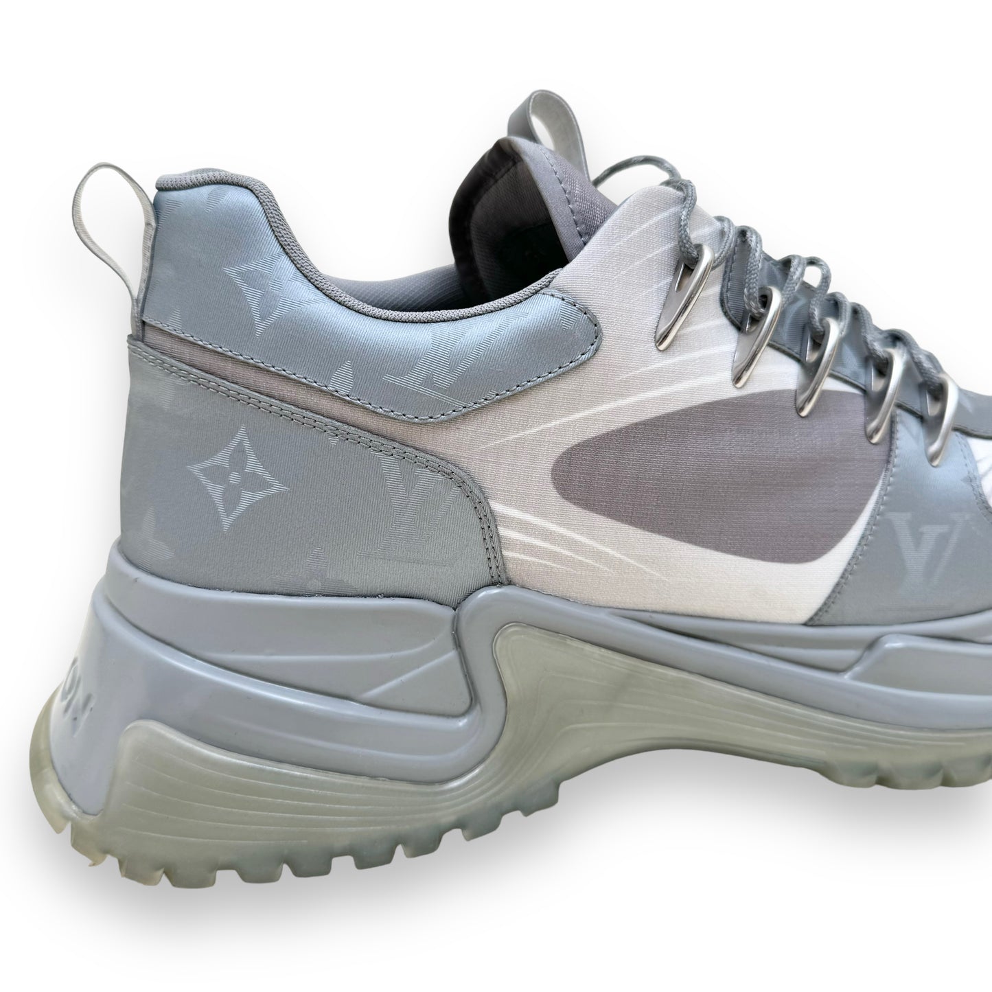 LOUIS VUITTON RUN AWAY PULSE REFLECTIVE MONOGRAM SNEAKERS GREY UK8.5