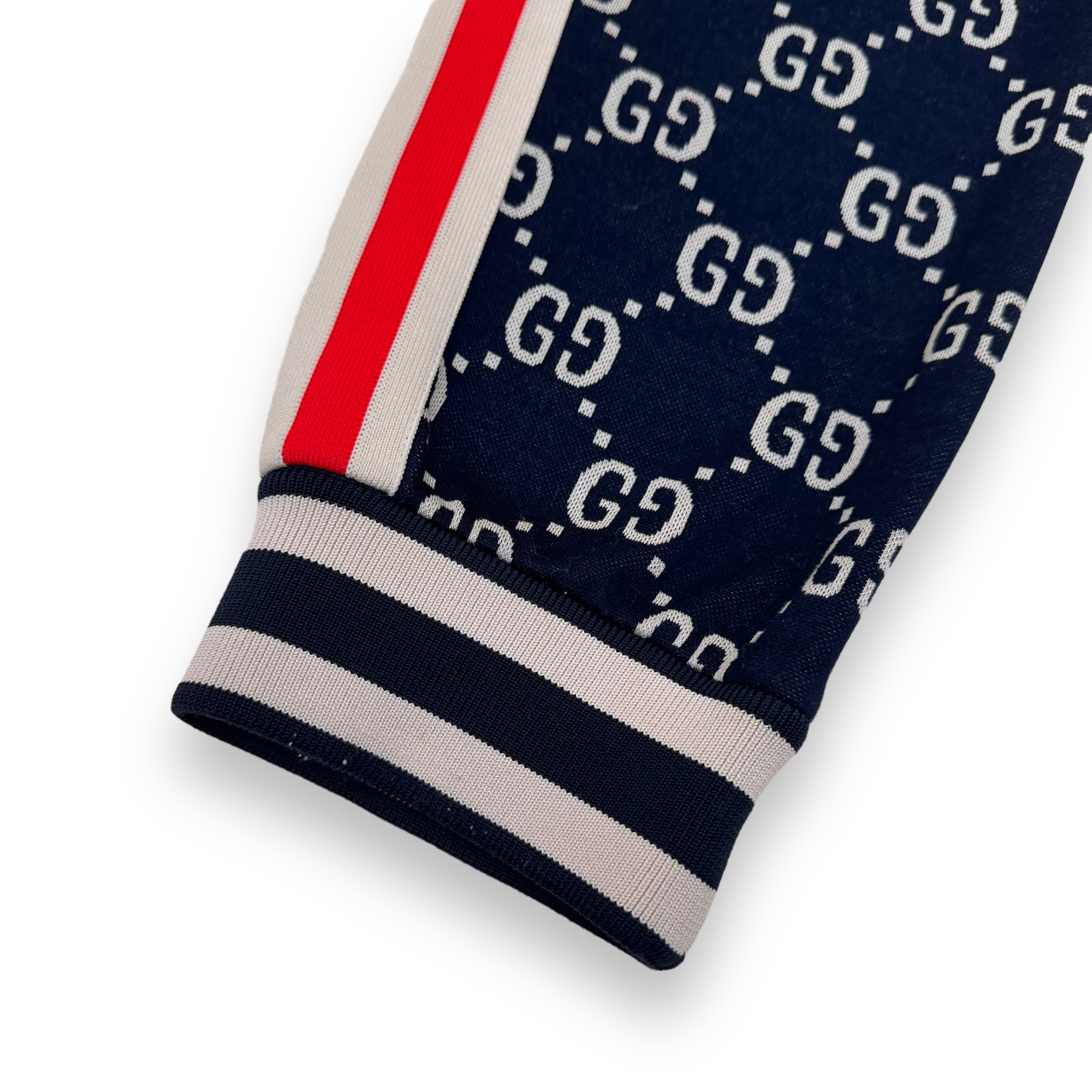 GUCCI GG TAPERED STRIPED LOGO-INTARSIA COTTON TRACK PANTS NAVY L
