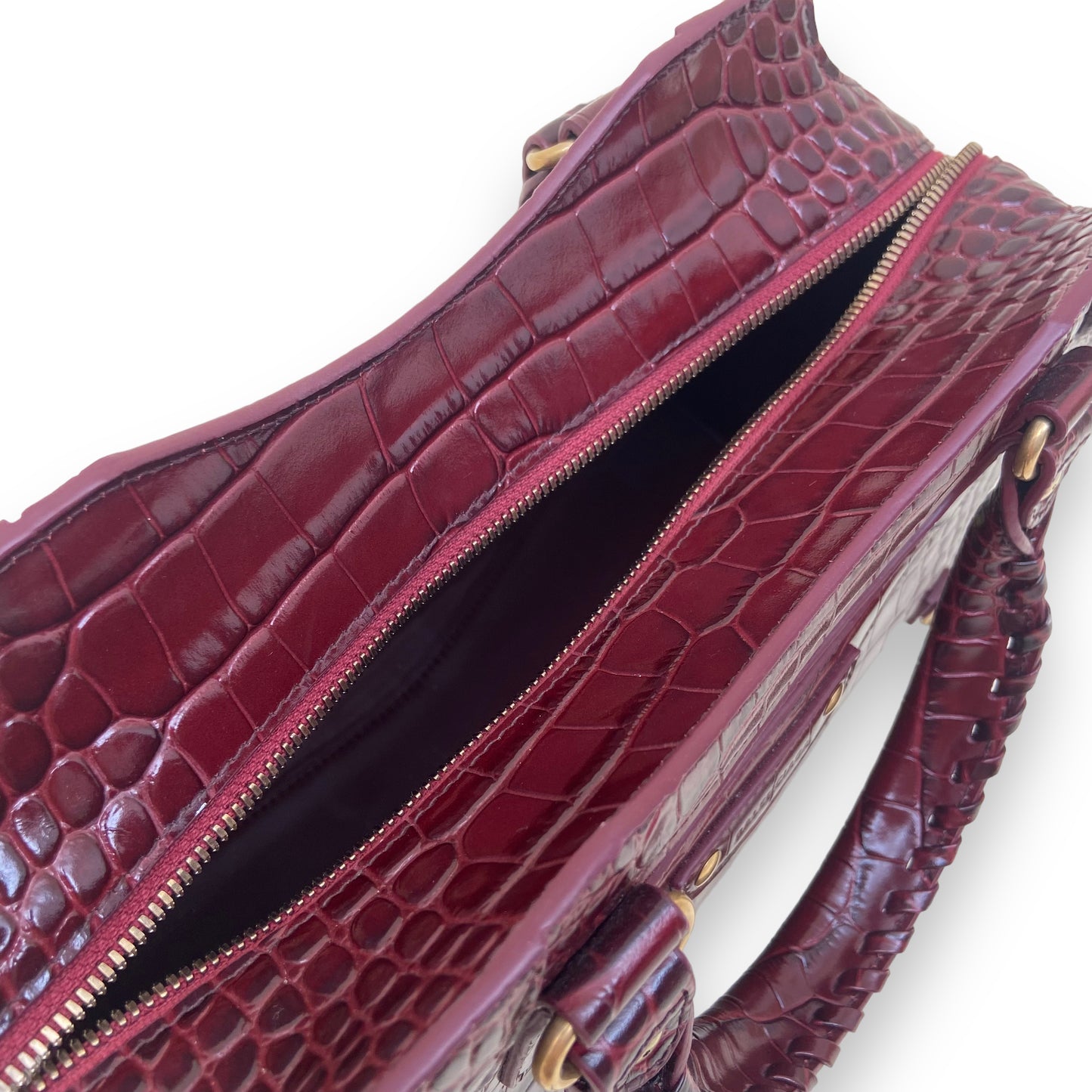 BALENCIAGA CLASSIC CITY CROC EMBOSSED LEATHER BAG BURGUNDY LARGE