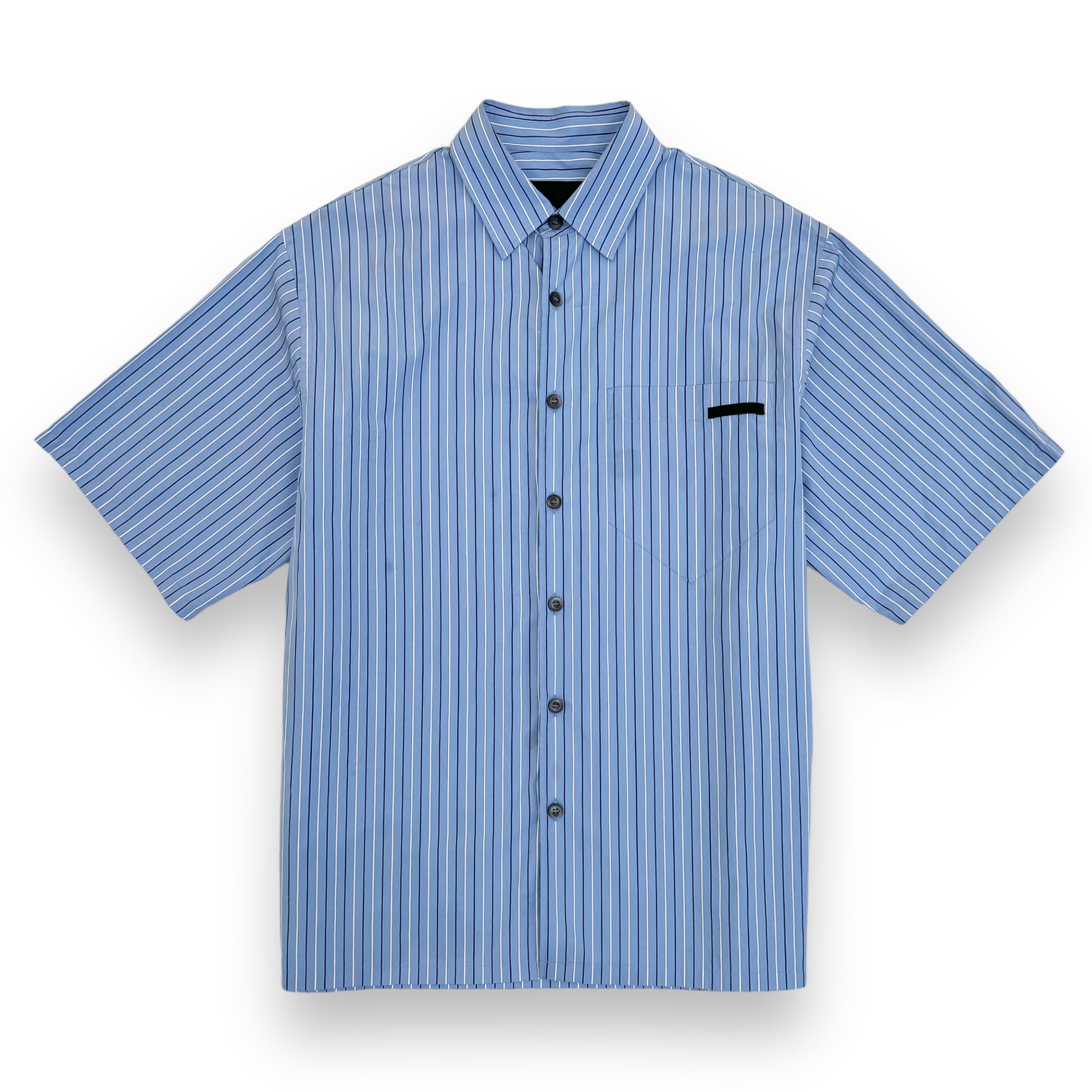 PRADA STRIPED LOGO PATCH COTTON SHORT SLEEVE SHIRT BLUE M