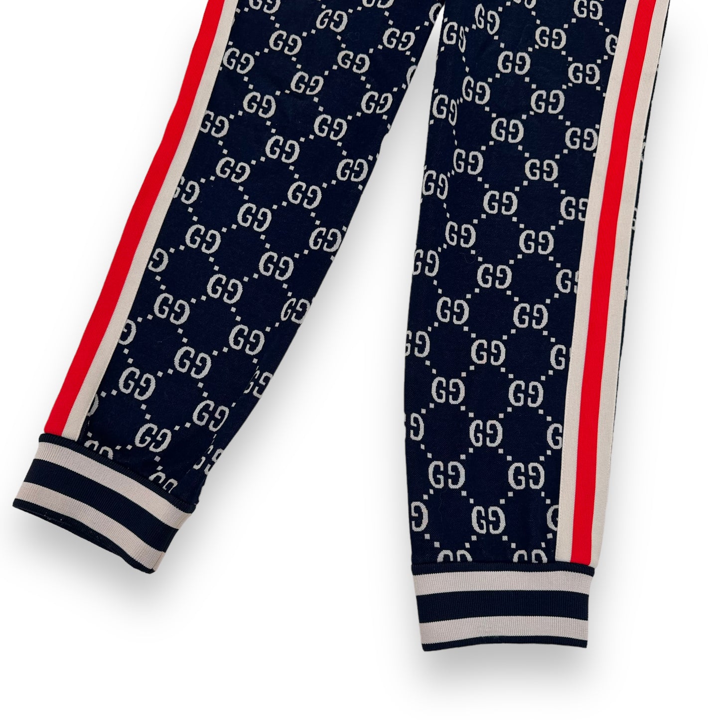 GUCCI GG TAPERED STRIPED LOGO-INTARSIA COTTON TRACK PANTS NAVY L